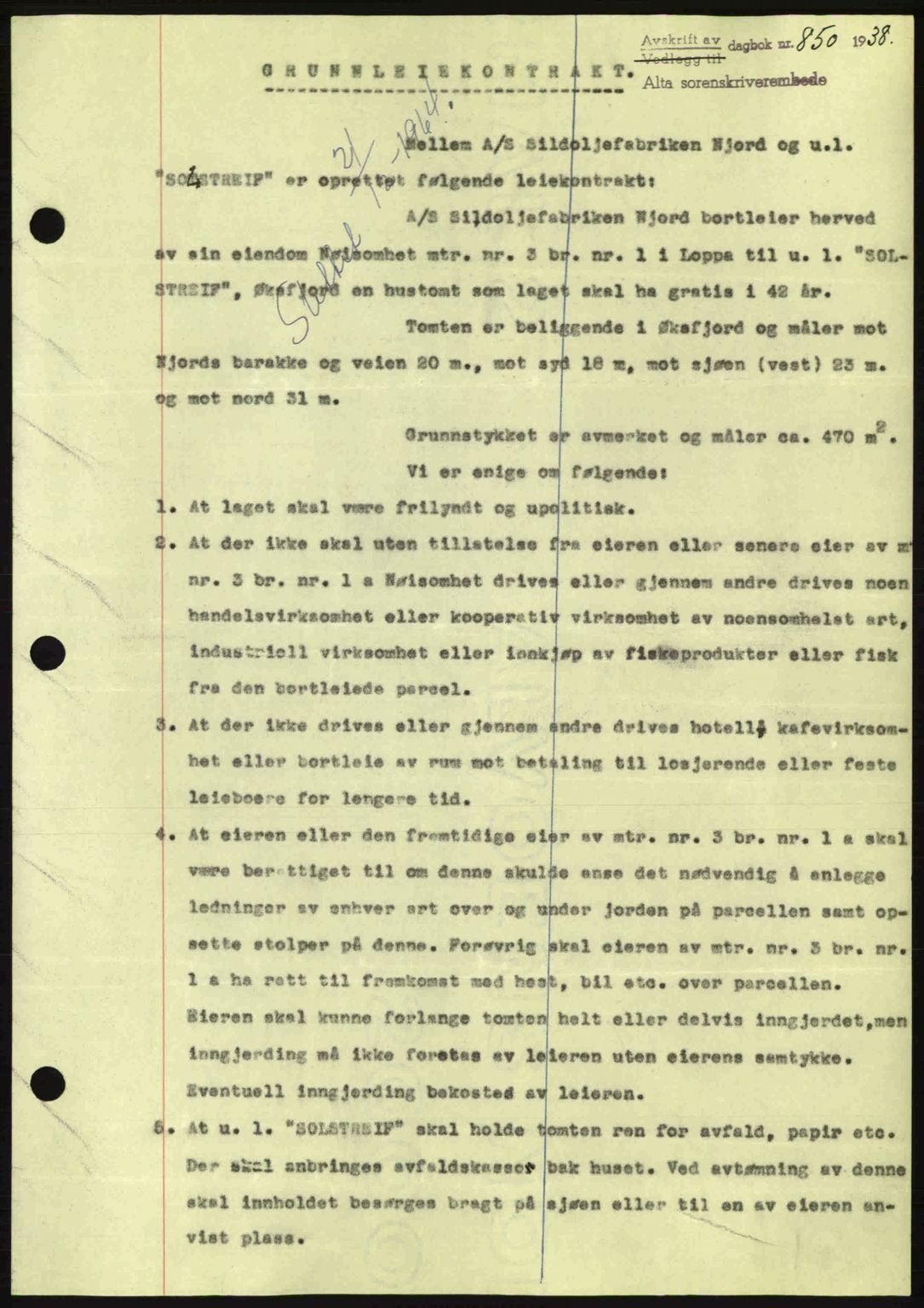 Alta fogderi/sorenskriveri, SATØ/SATØ-5/1/K/Kd/L0031pantebok: Mortgage book no. 31, 1938-1939, Diary no: : 850/1938