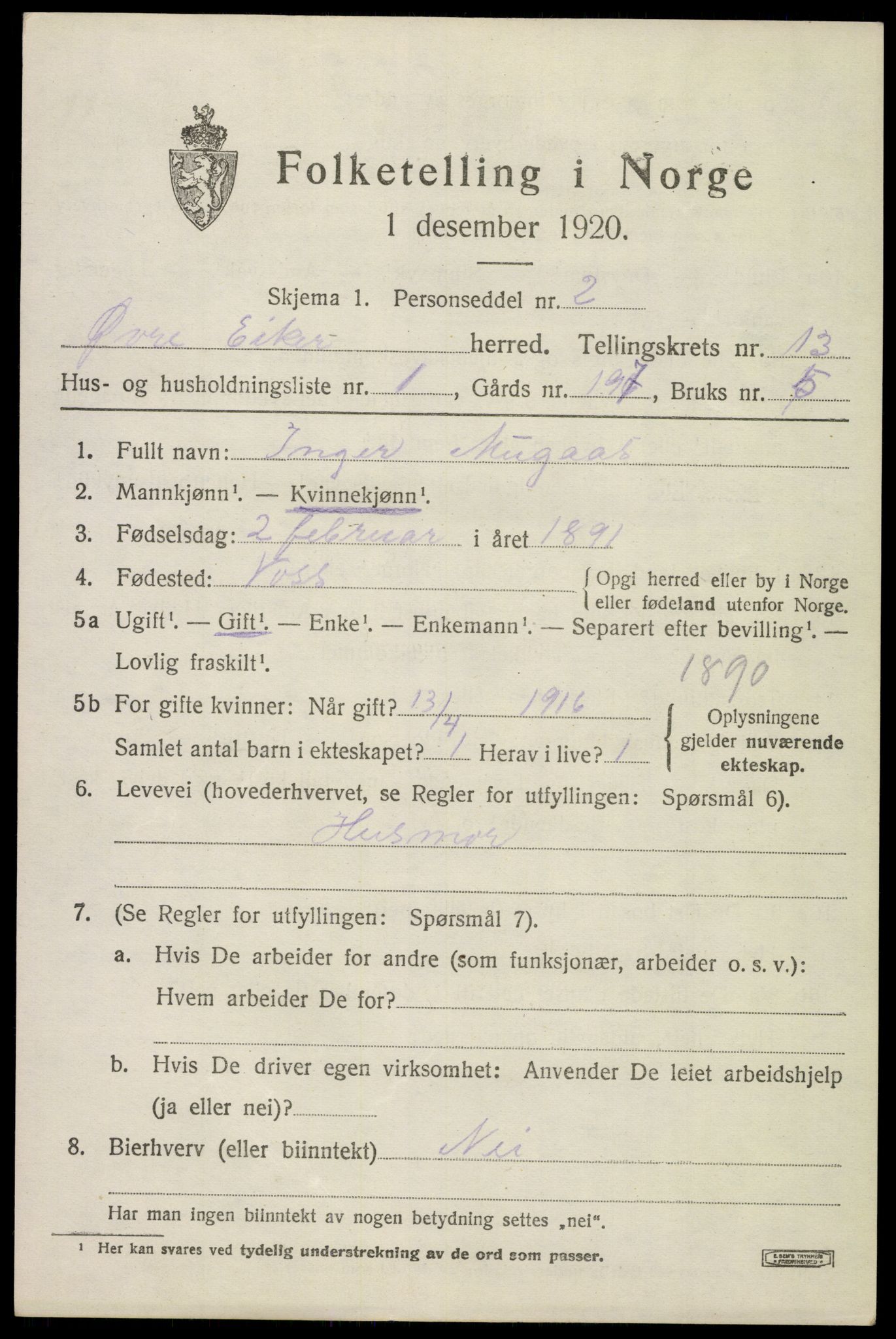 SAKO, 1920 census for Øvre Eiker, 1920, p. 19592