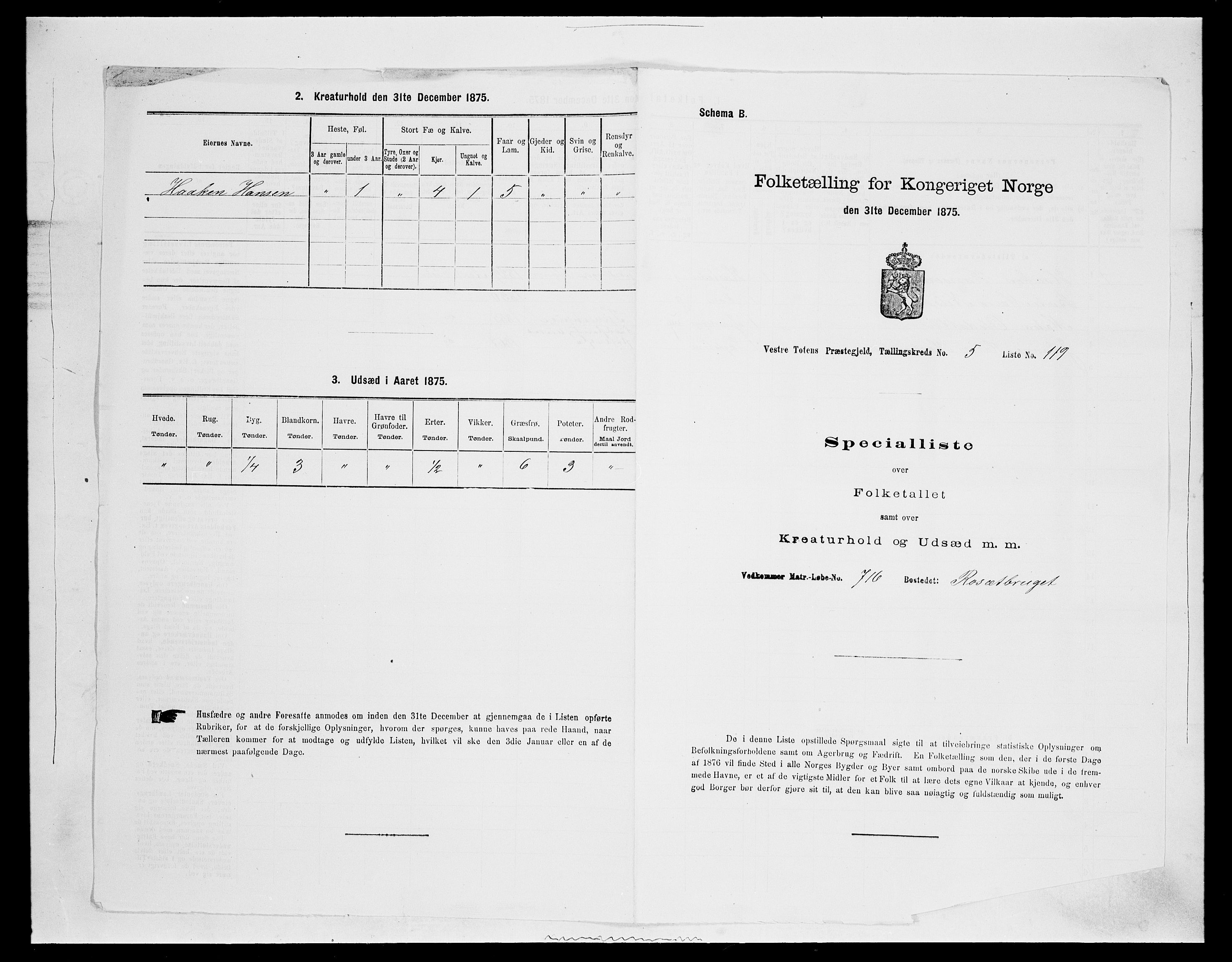 SAH, 1875 census for 0529P Vestre Toten, 1875, p. 1142