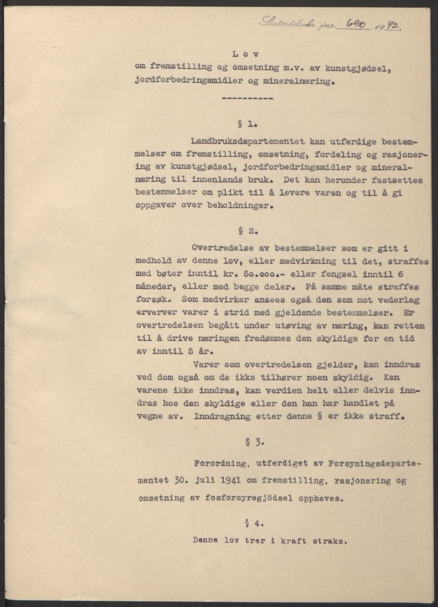 NS-administrasjonen 1940-1945 (Statsrådsekretariatet, de kommisariske statsråder mm), AV/RA-S-4279/D/Db/L0098: Lover II, 1942, p. 355