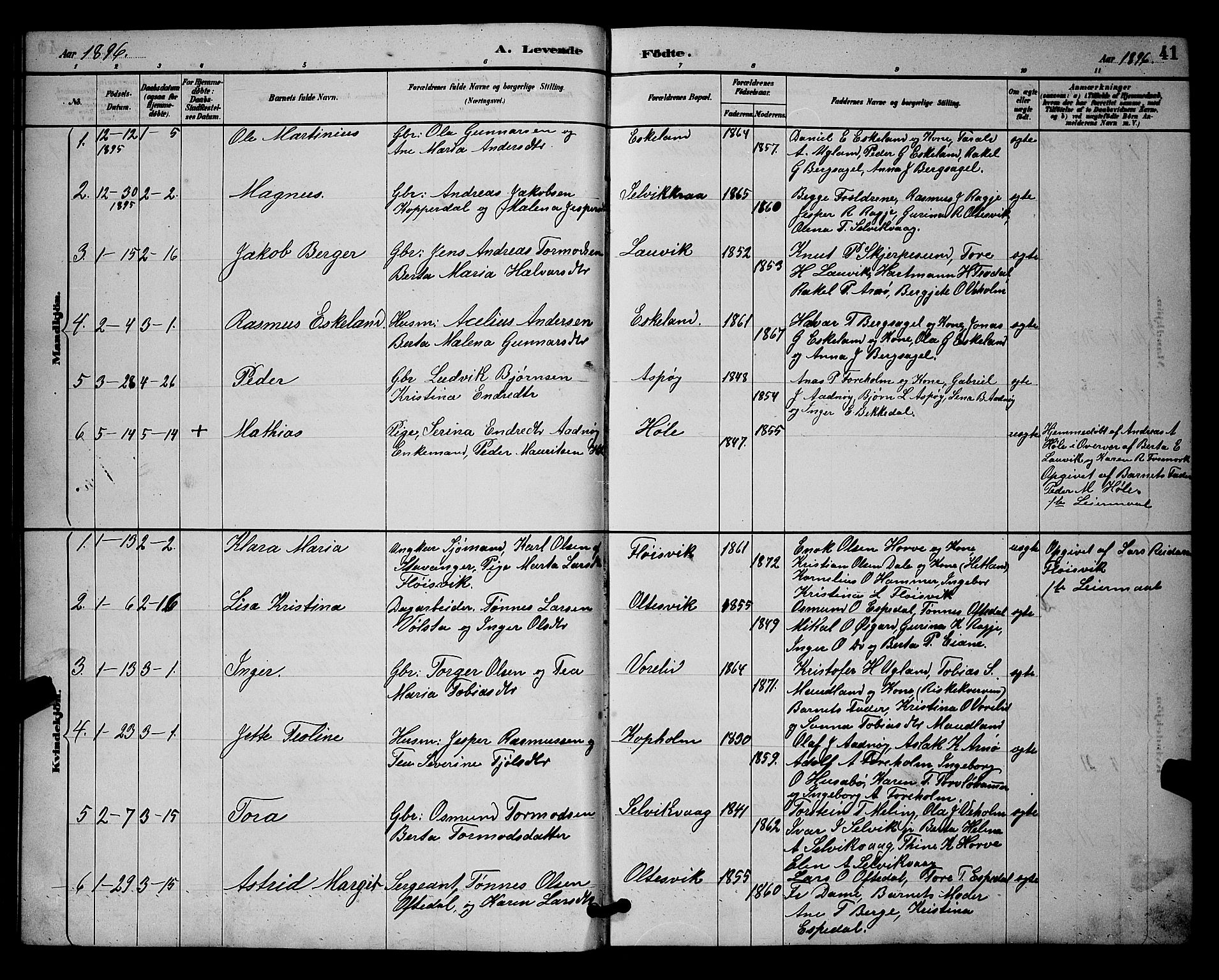 Høgsfjord sokneprestkontor, SAST/A-101624/H/Ha/Hab/L0003: Parish register (copy) no. B 3, 1886-1905, p. 41