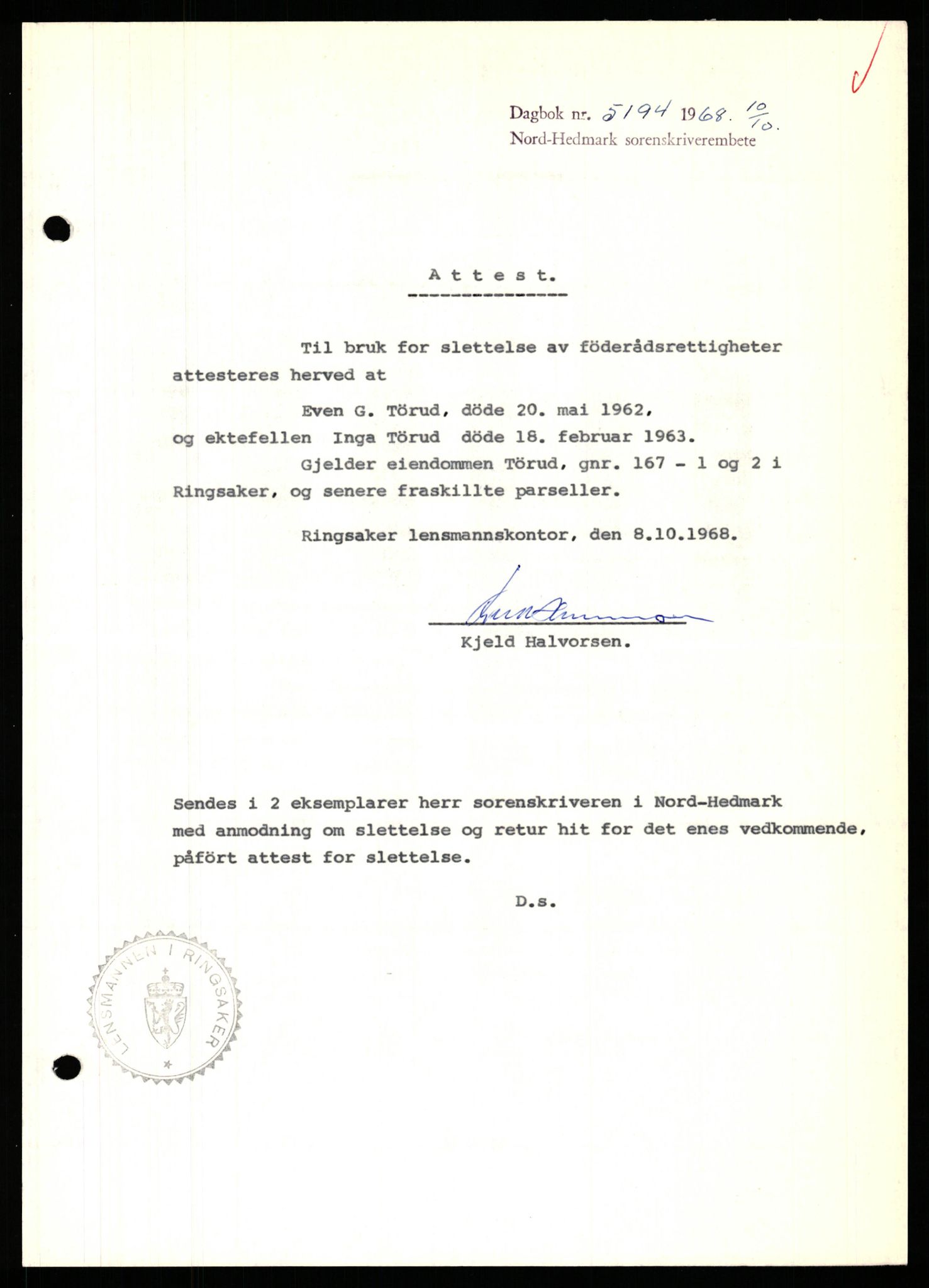 Nord-Hedmark sorenskriveri, SAH/TING-012/H/Hb/Hbf/L0077: Mortgage book no. B77, 1968-1969, Diary no: : 5194/1968