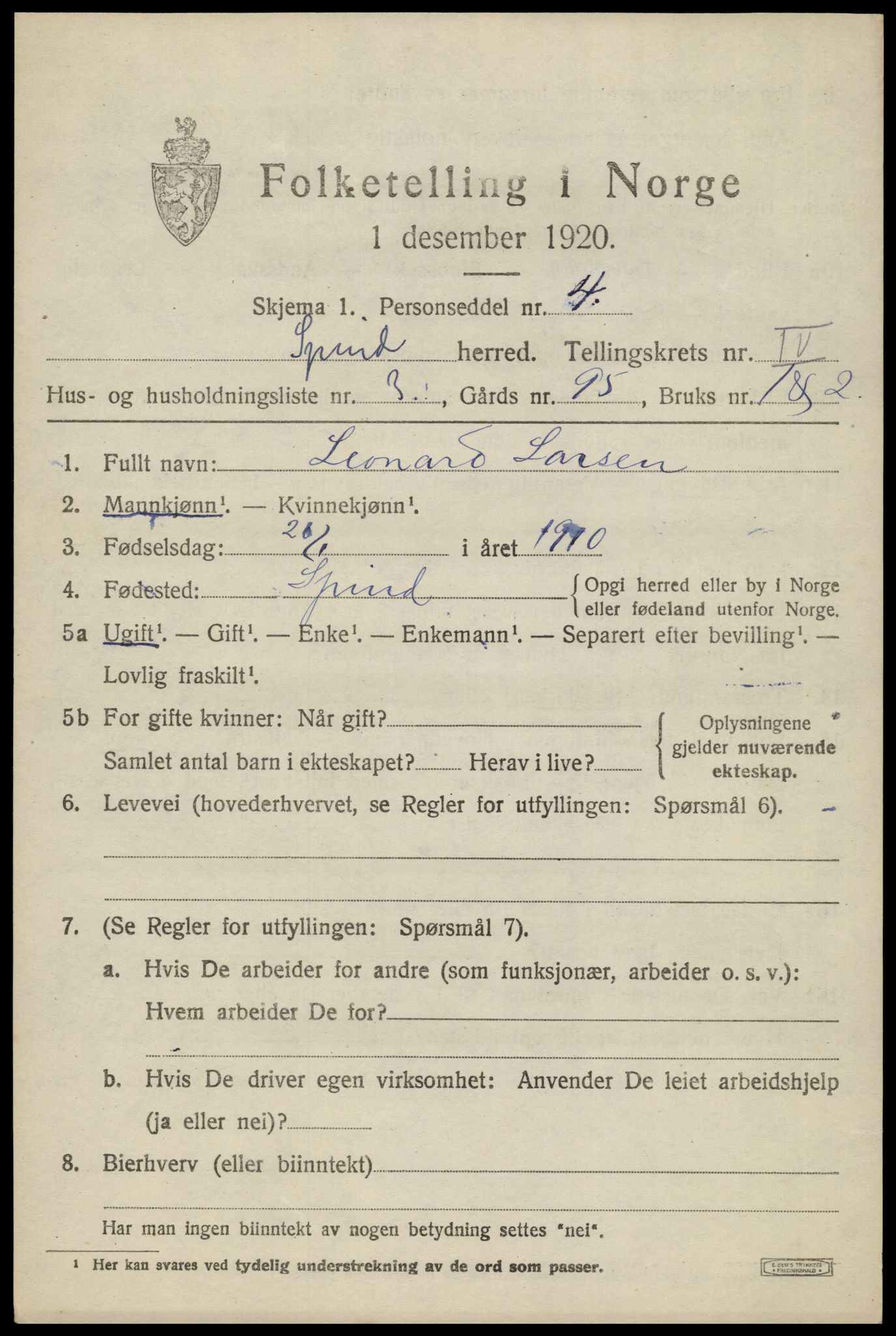 SAK, 1920 census for Spind, 1920, p. 2205