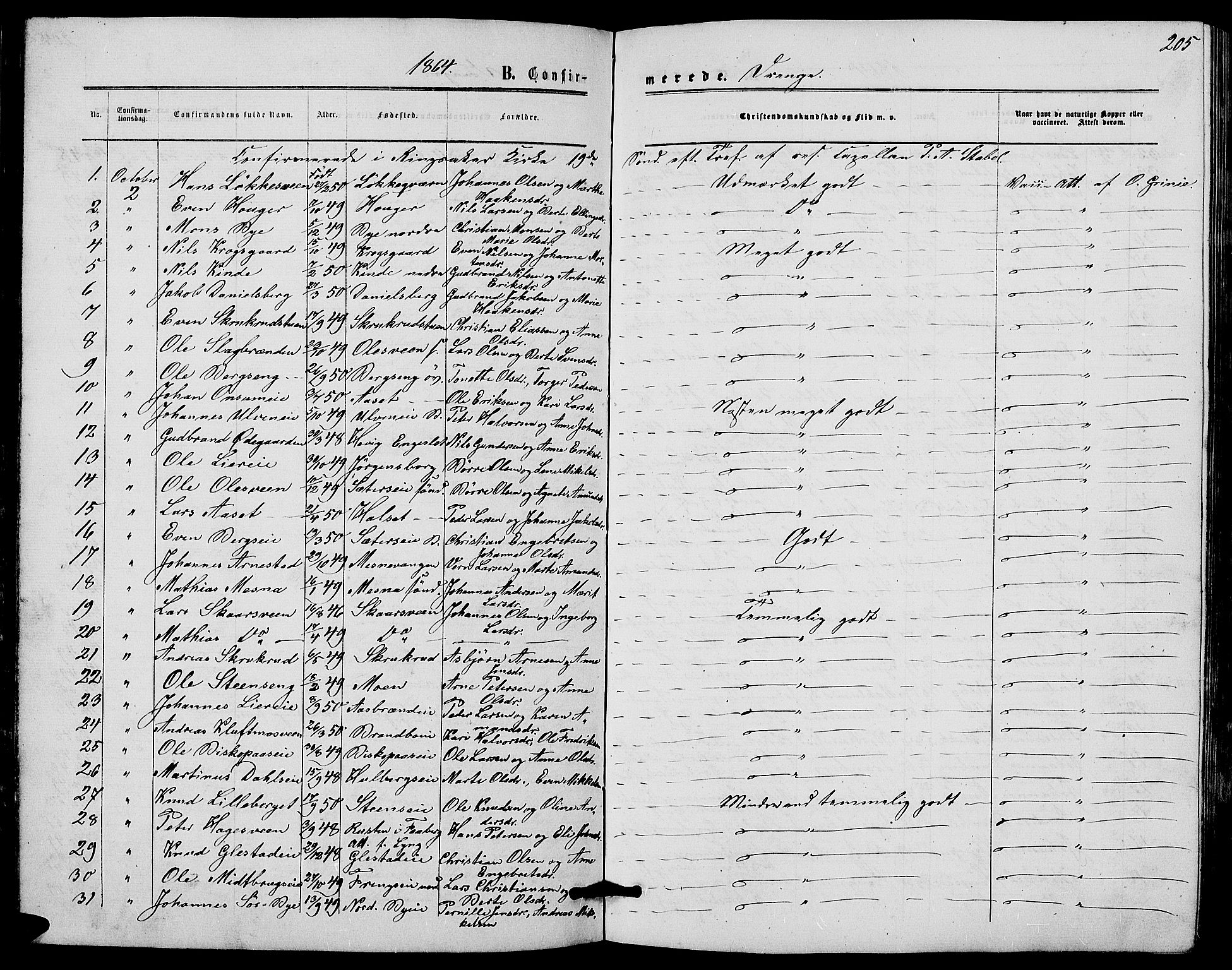Ringsaker prestekontor, SAH/PREST-014/L/La/L0007: Parish register (copy) no. 7, 1861-1869, p. 205