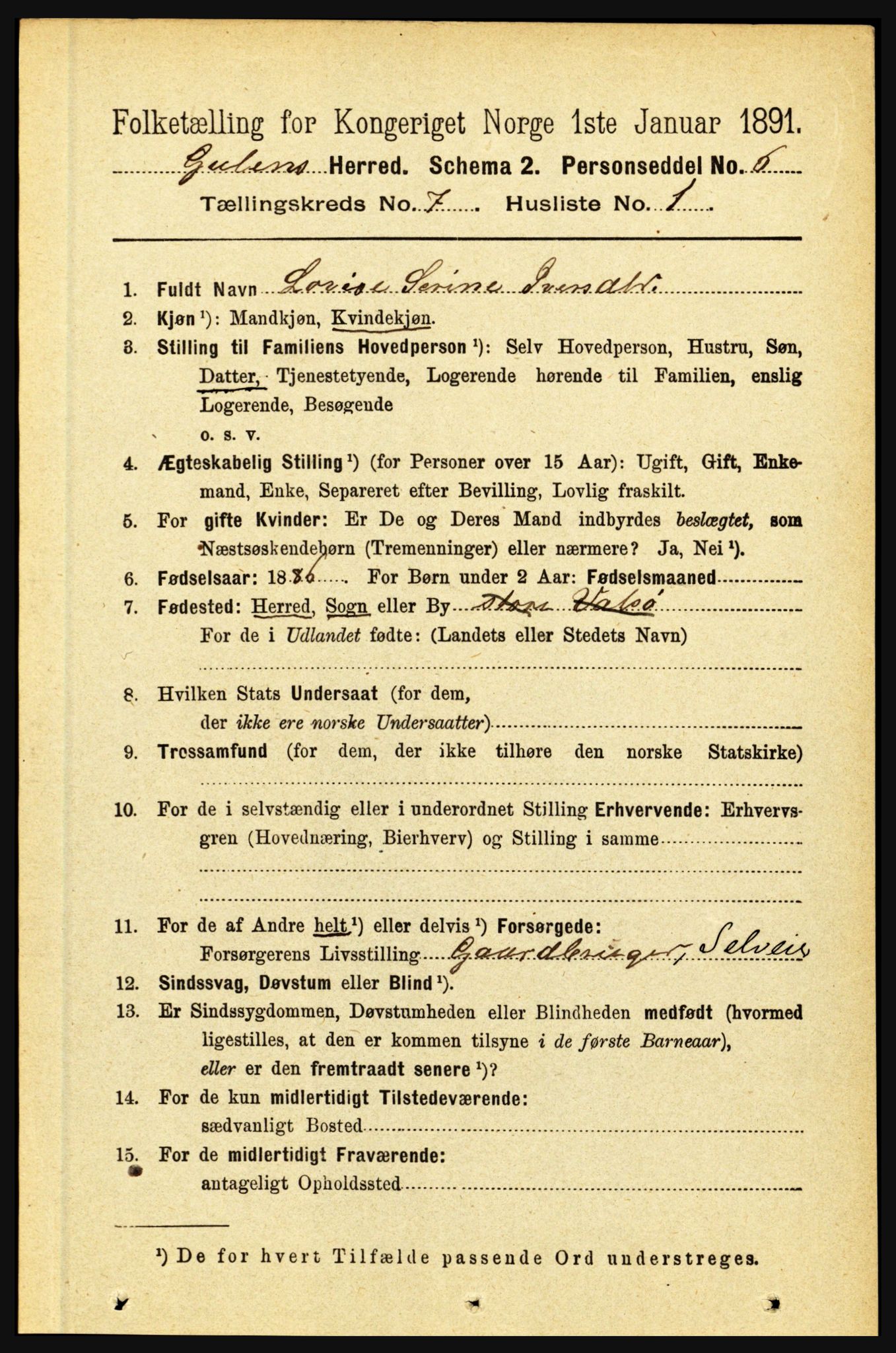 RA, 1891 census for 1411 Gulen, 1891, p. 2222