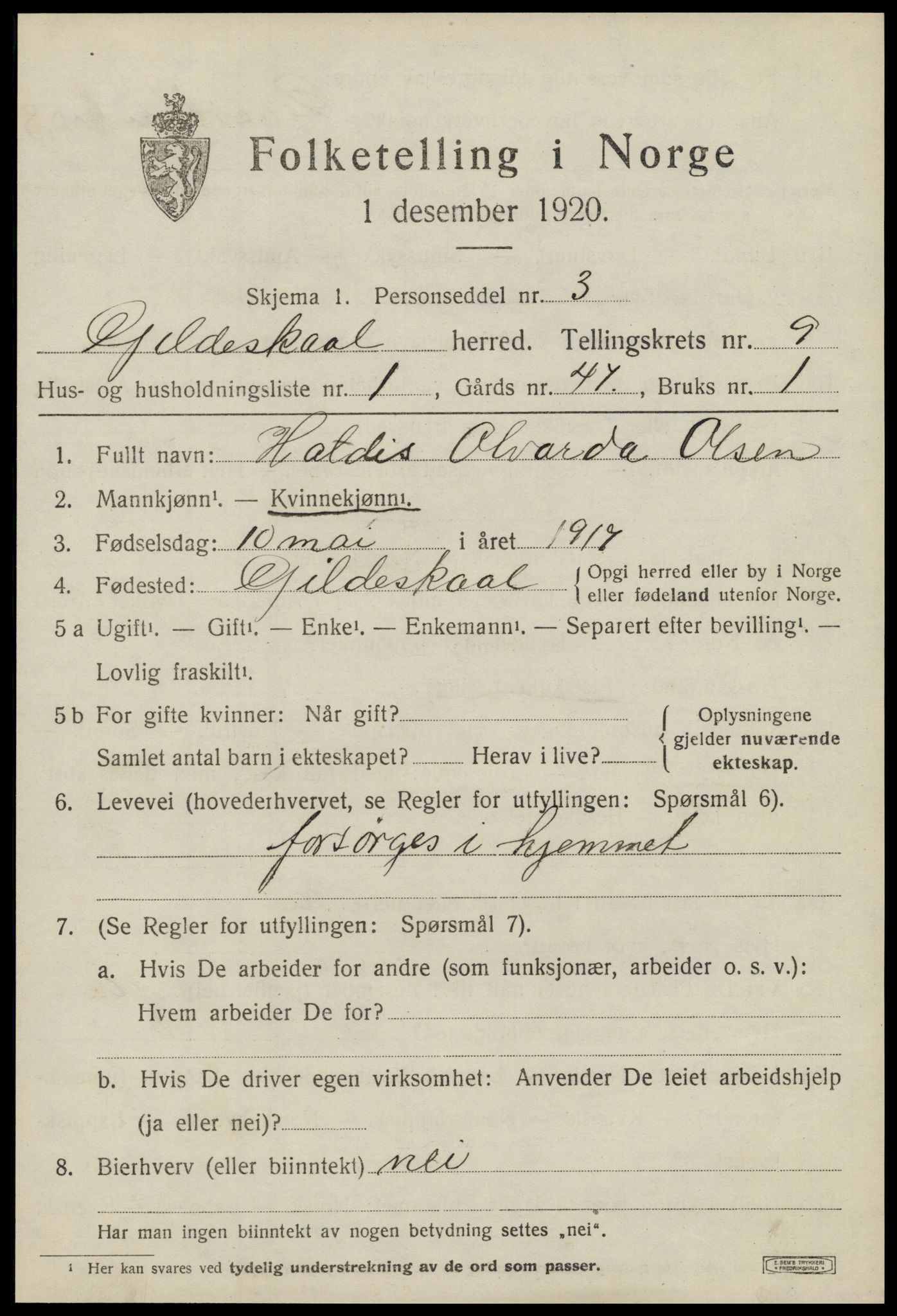 SAT, 1920 census for Gildeskål, 1920, p. 5800