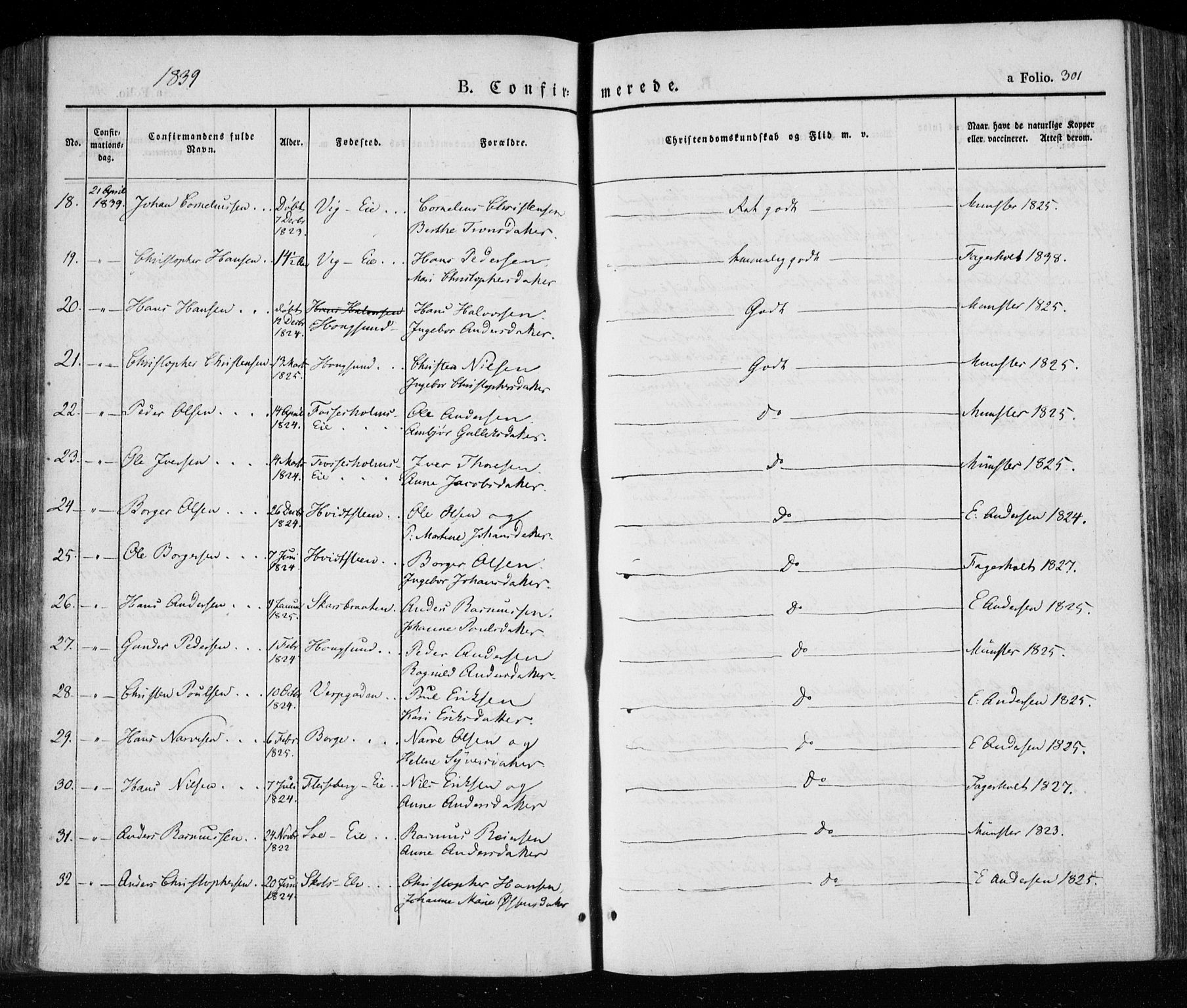Eiker kirkebøker, SAKO/A-4/F/Fa/L0013a: Parish register (official) no. I 13A, 1832-1845, p. 301