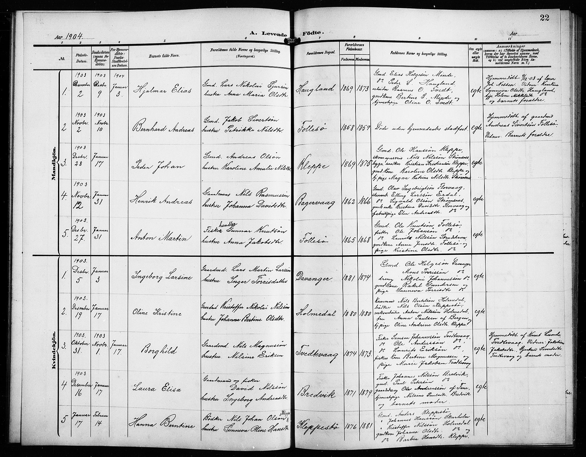 Askøy Sokneprestembete, AV/SAB-A-74101/H/Ha/Hab/Haba/L0010: Parish register (copy) no. A 10, 1903-1907, p. 22