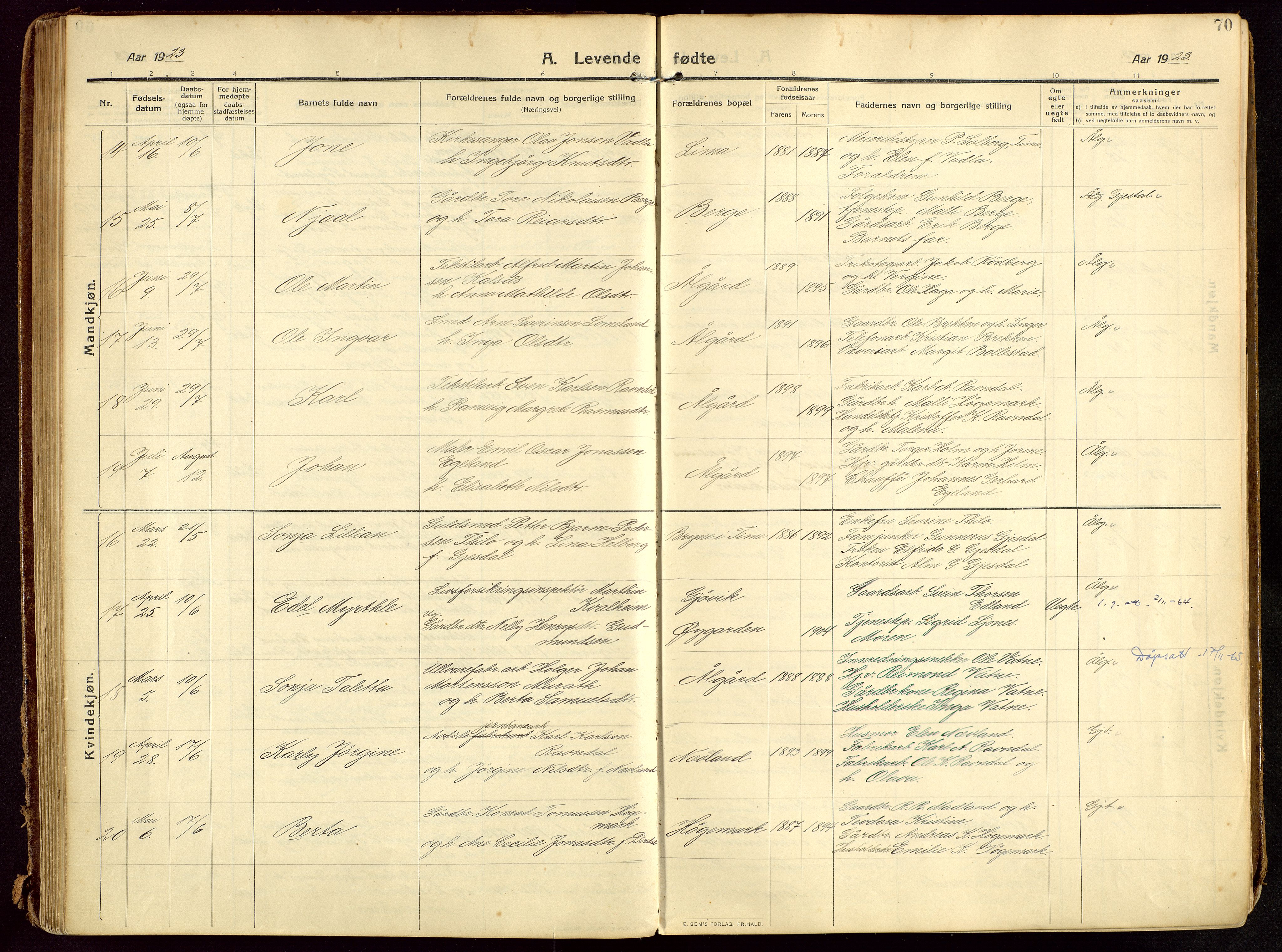 Lye sokneprestkontor, AV/SAST-A-101794/002/B/L0001: Parish register (official) no. A 13, 1910-1925, p. 70