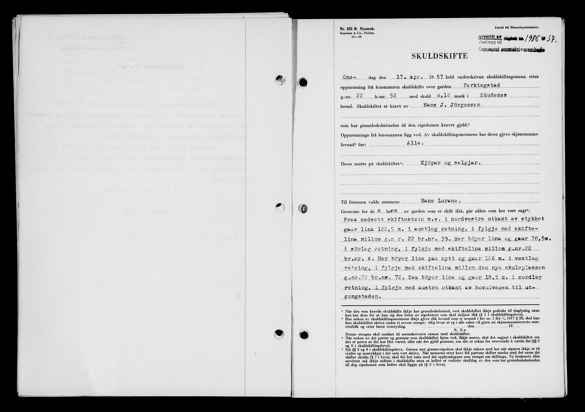 Karmsund sorenskriveri, AV/SAST-A-100311/01/II/IIB/L0125: Mortgage book no. 105A, 1957-1957, Diary no: : 1985/1957