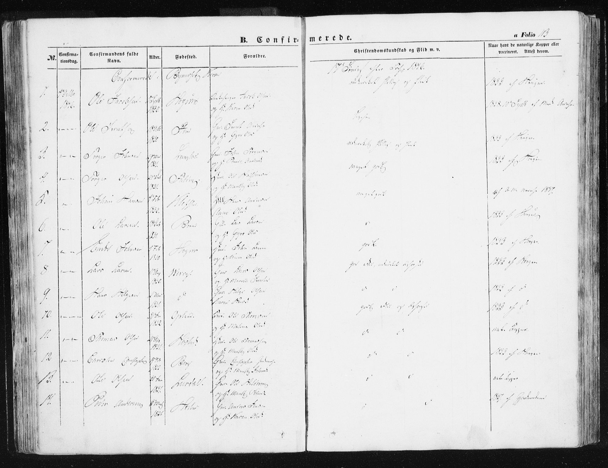 Ministerialprotokoller, klokkerbøker og fødselsregistre - Sør-Trøndelag, SAT/A-1456/612/L0376: Parish register (official) no. 612A08, 1846-1859, p. 113