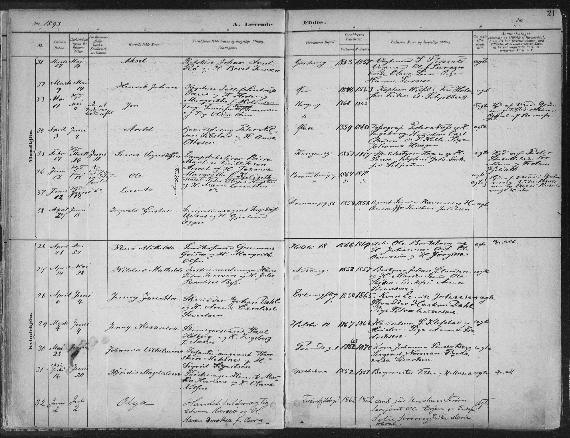 Ministerialprotokoller, klokkerbøker og fødselsregistre - Sør-Trøndelag, AV/SAT-A-1456/601/L0062: Parish register (official) no. 601A30, 1891-1911, p. 21