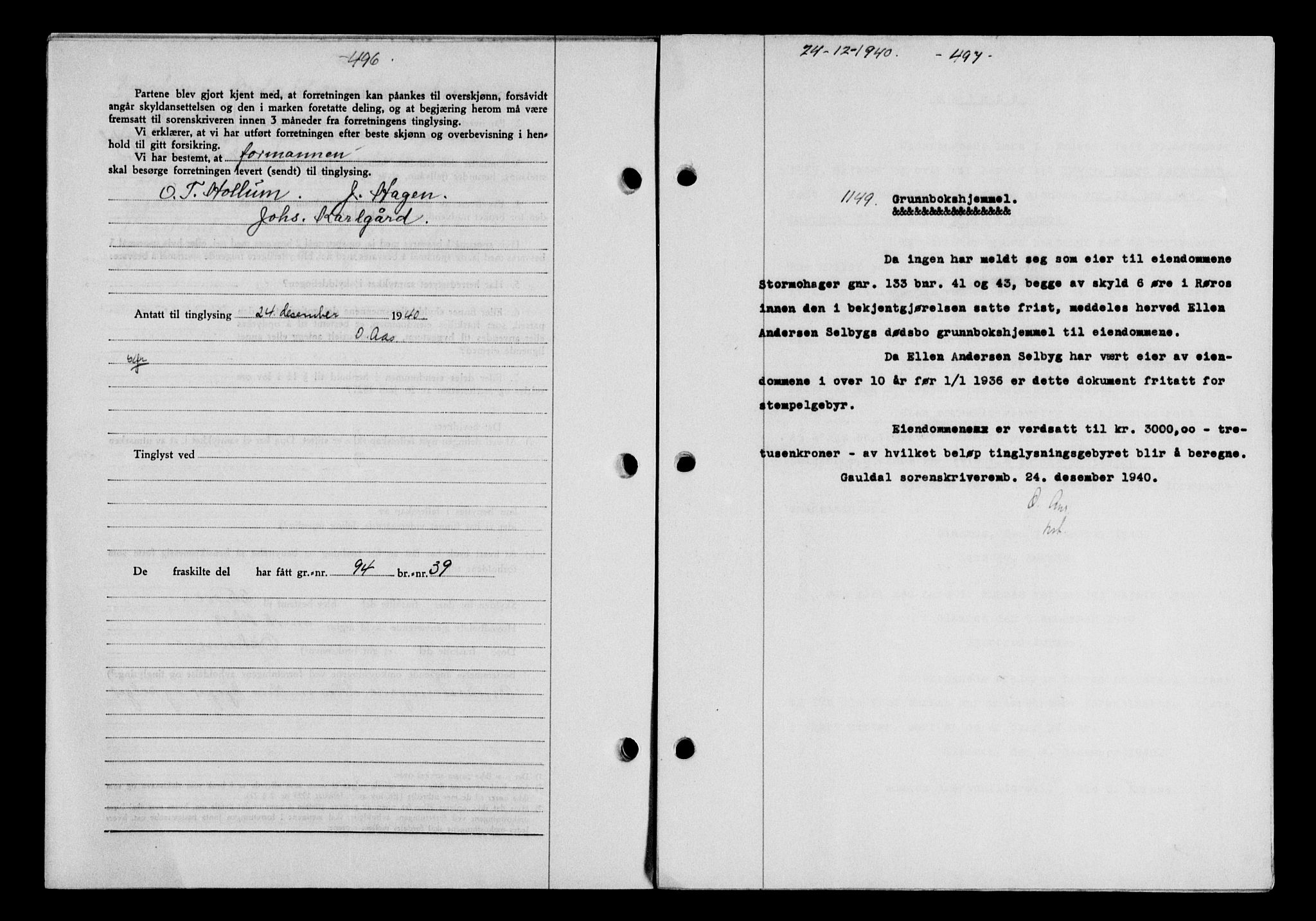 Gauldal sorenskriveri, SAT/A-0014/1/2/2C/L0052: Mortgage book no. 57, 1940-1941, Diary no: : 1149/1940