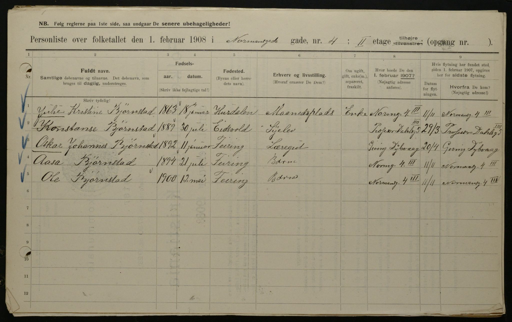 OBA, Municipal Census 1908 for Kristiania, 1908, p. 66008