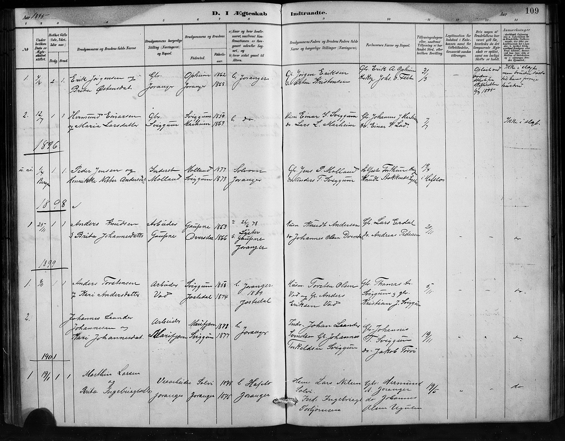 Jostedal sokneprestembete, SAB/A-80601/H/Hab/Habd/L0001: Parish register (copy) no. D 1, 1882-1910, p. 109