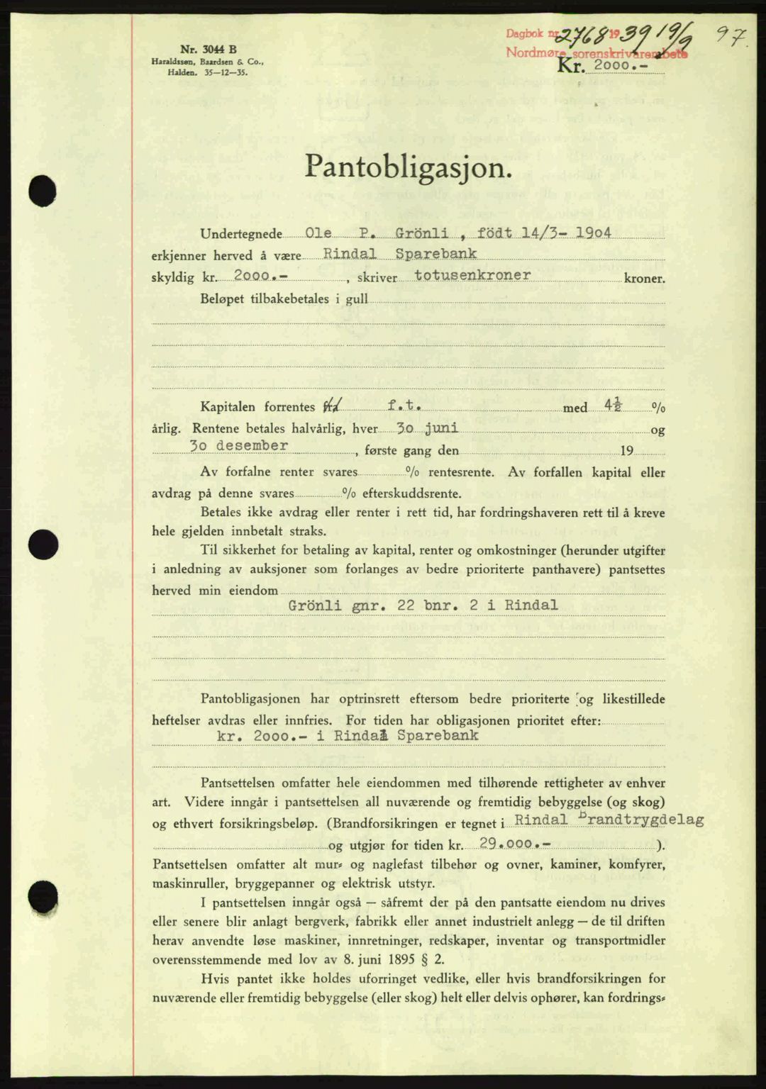 Nordmøre sorenskriveri, AV/SAT-A-4132/1/2/2Ca: Mortgage book no. B86, 1939-1940, Diary no: : 2768/1939