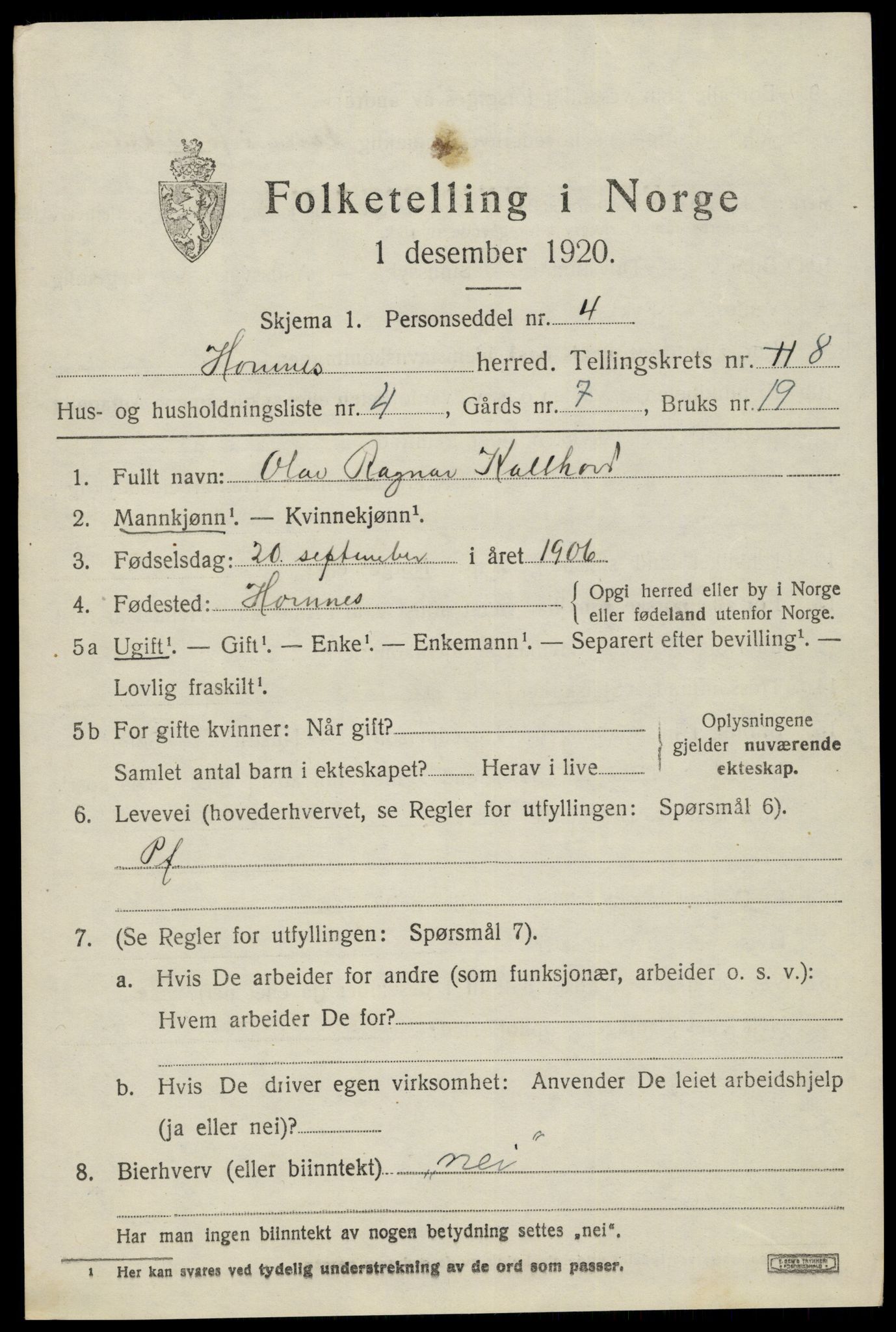 SAK, 1920 census for Hornnes, 1920, p. 1823