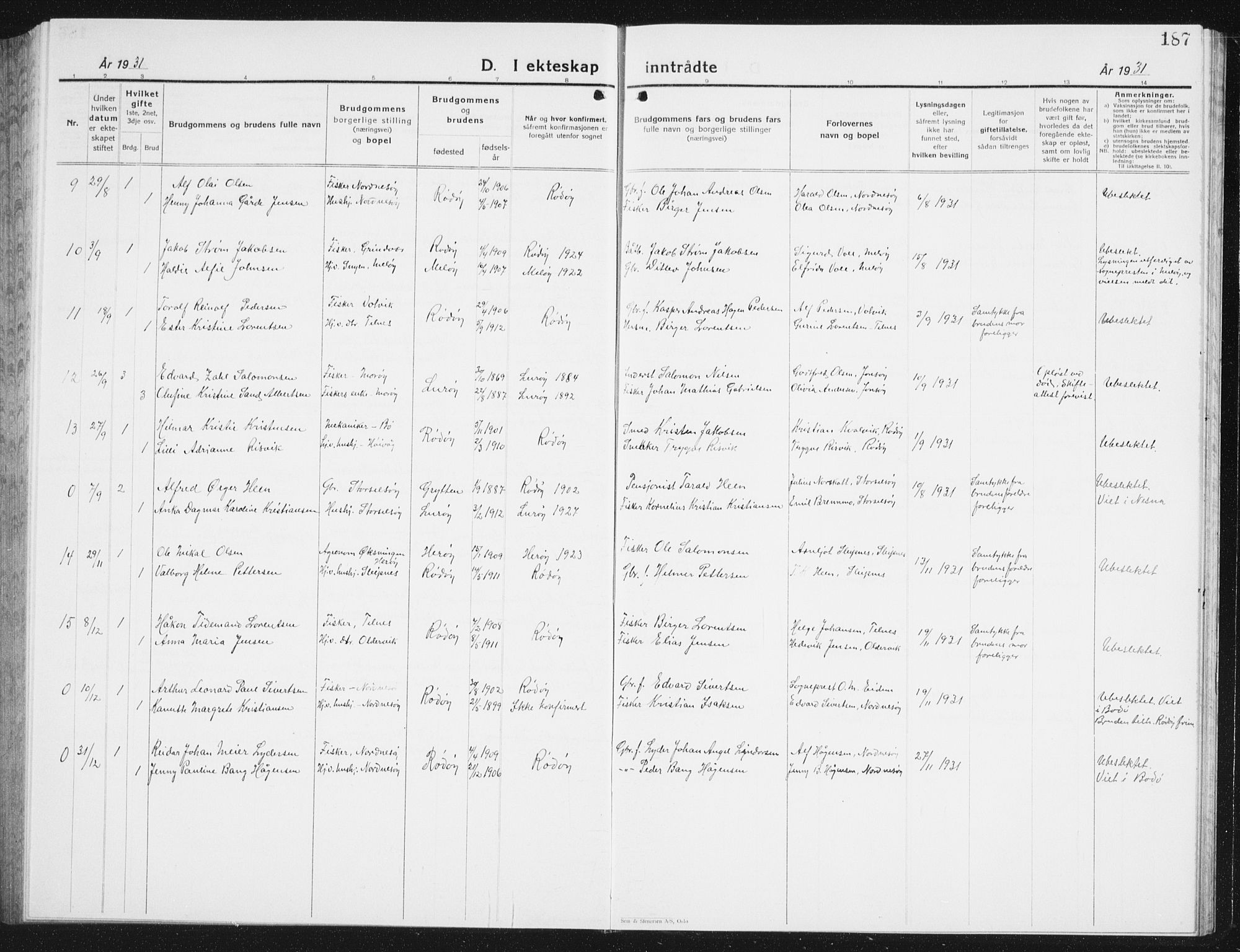 Ministerialprotokoller, klokkerbøker og fødselsregistre - Nordland, SAT/A-1459/841/L0622: Parish register (copy) no. 841C06, 1924-1942, p. 187