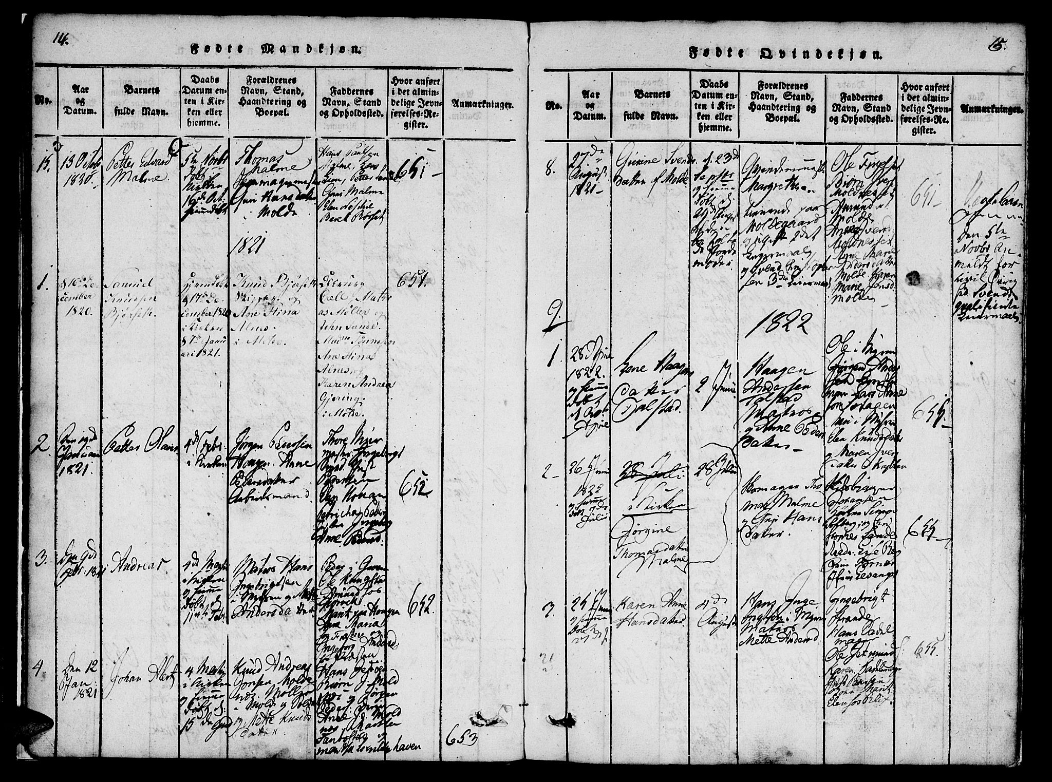 Ministerialprotokoller, klokkerbøker og fødselsregistre - Møre og Romsdal, SAT/A-1454/558/L0688: Parish register (official) no. 558A02, 1818-1843, p. 14-15