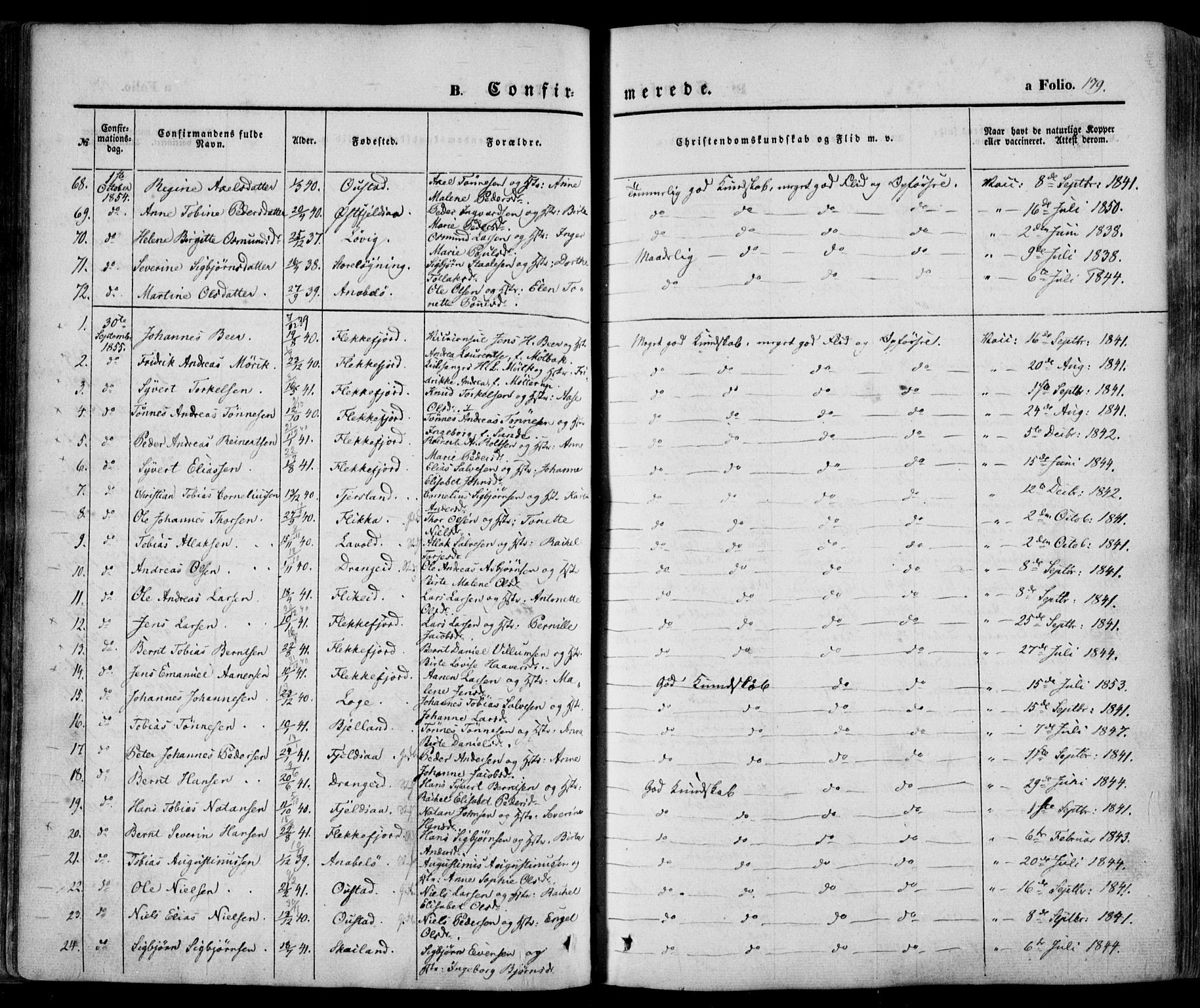 Flekkefjord sokneprestkontor, AV/SAK-1111-0012/F/Fa/Fac/L0005: Parish register (official) no. A 5, 1849-1875, p. 179