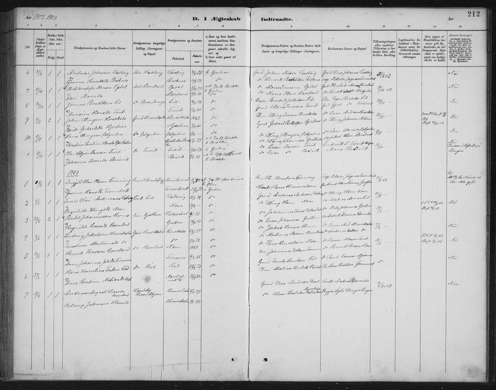 Gulen sokneprestembete, SAB/A-80201/H/Hab/Habb/L0003: Parish register (copy) no. B 3, 1884-1907, p. 212
