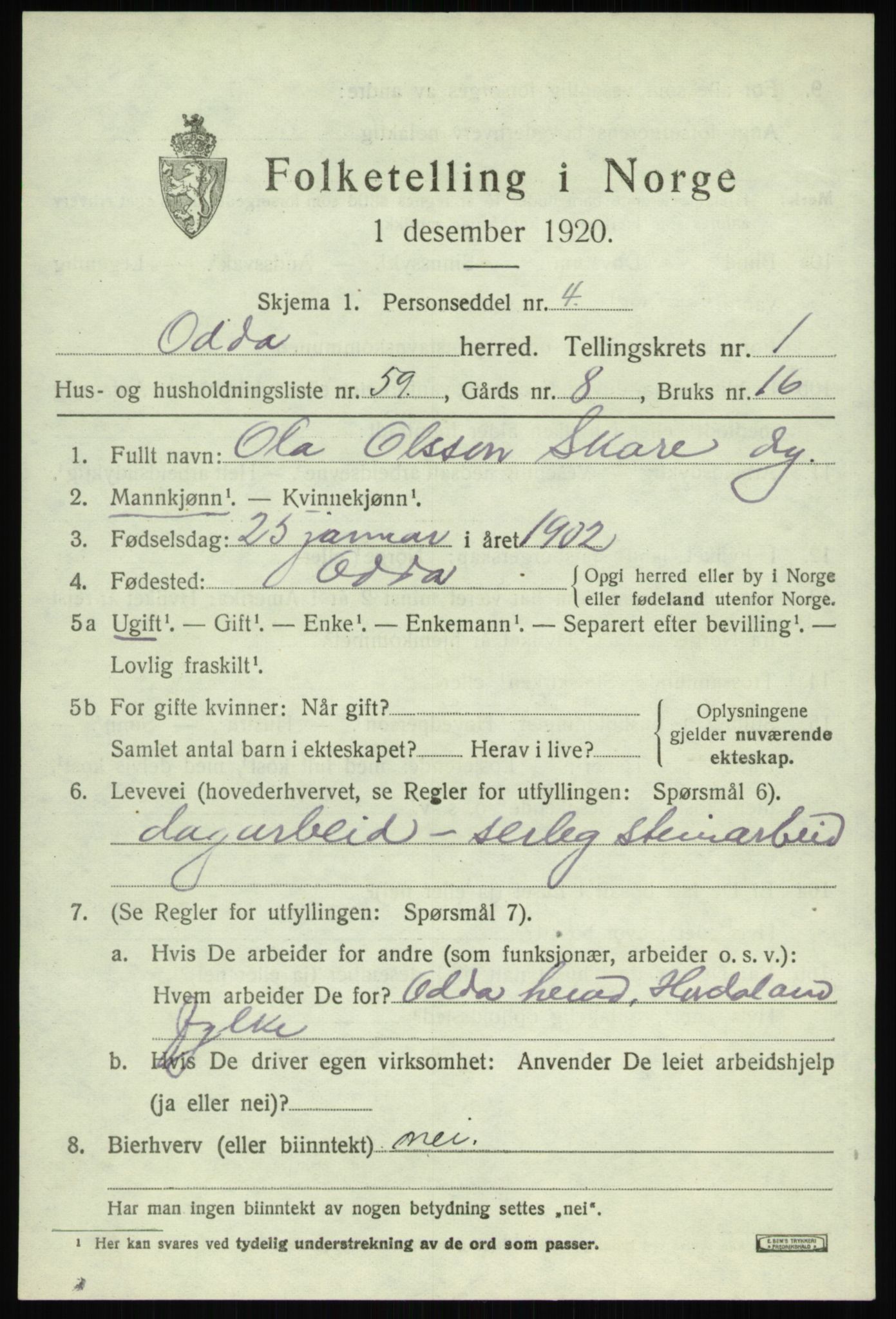 SAB, 1920 census for Odda, 1920, p. 1829