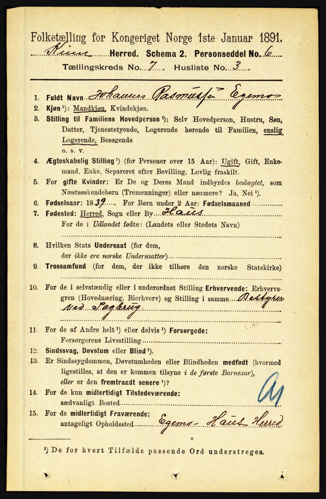 RA, 1891 census for 1437 Kinn, 1891, p. 2693