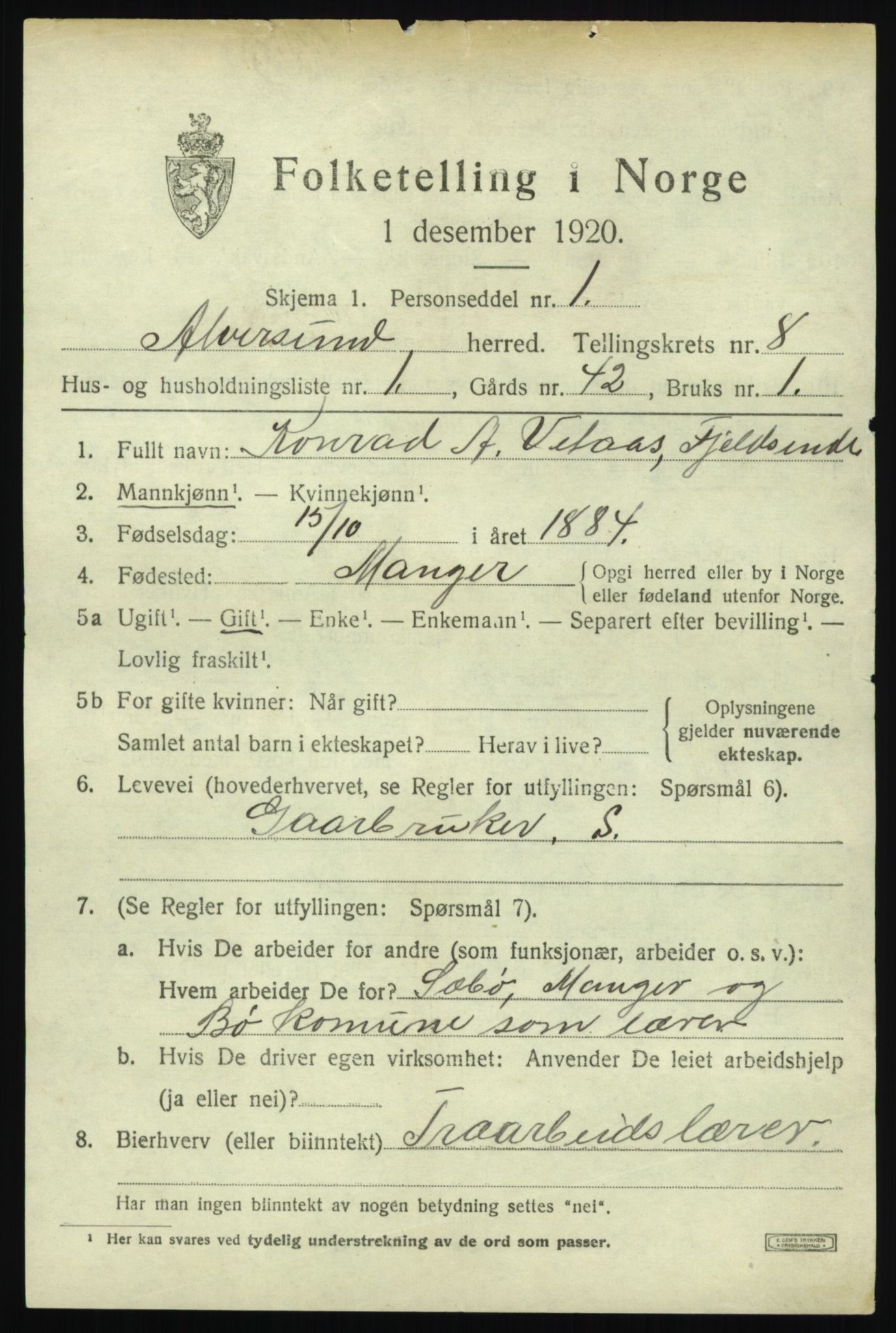 SAB, 1920 census for Alversund, 1920, p. 4836