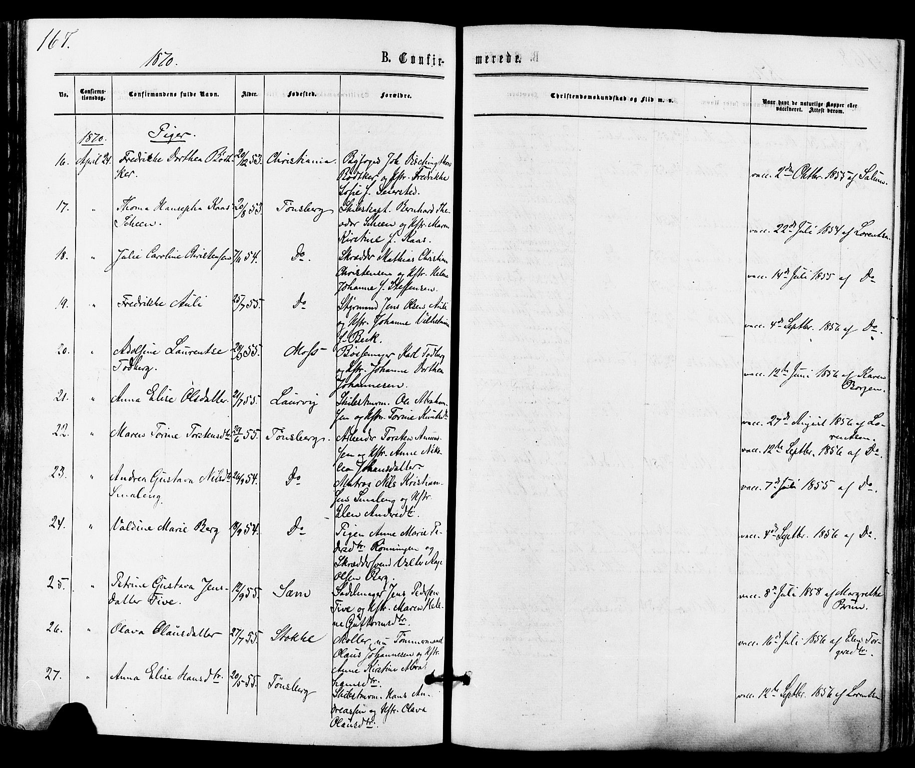 Tønsberg kirkebøker, AV/SAKO-A-330/F/Fa/L0009: Parish register (official) no. I 9, 1865-1873, p. 167