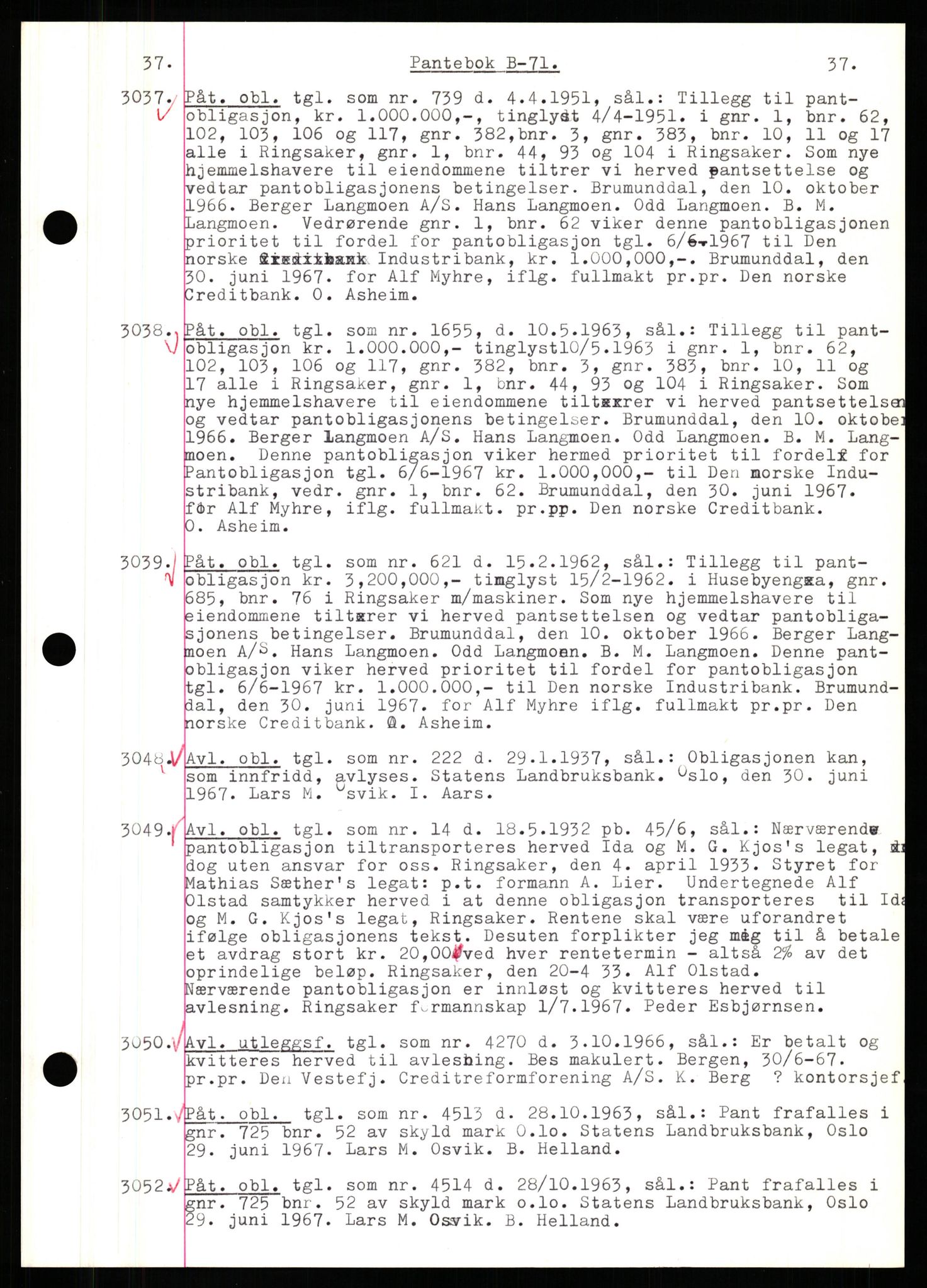 Nord-Hedmark sorenskriveri, SAH/TING-012/H/Hb/Hbf/L0071: Mortgage book no. B71, 1967-1967, Diary no: : 3037/1967