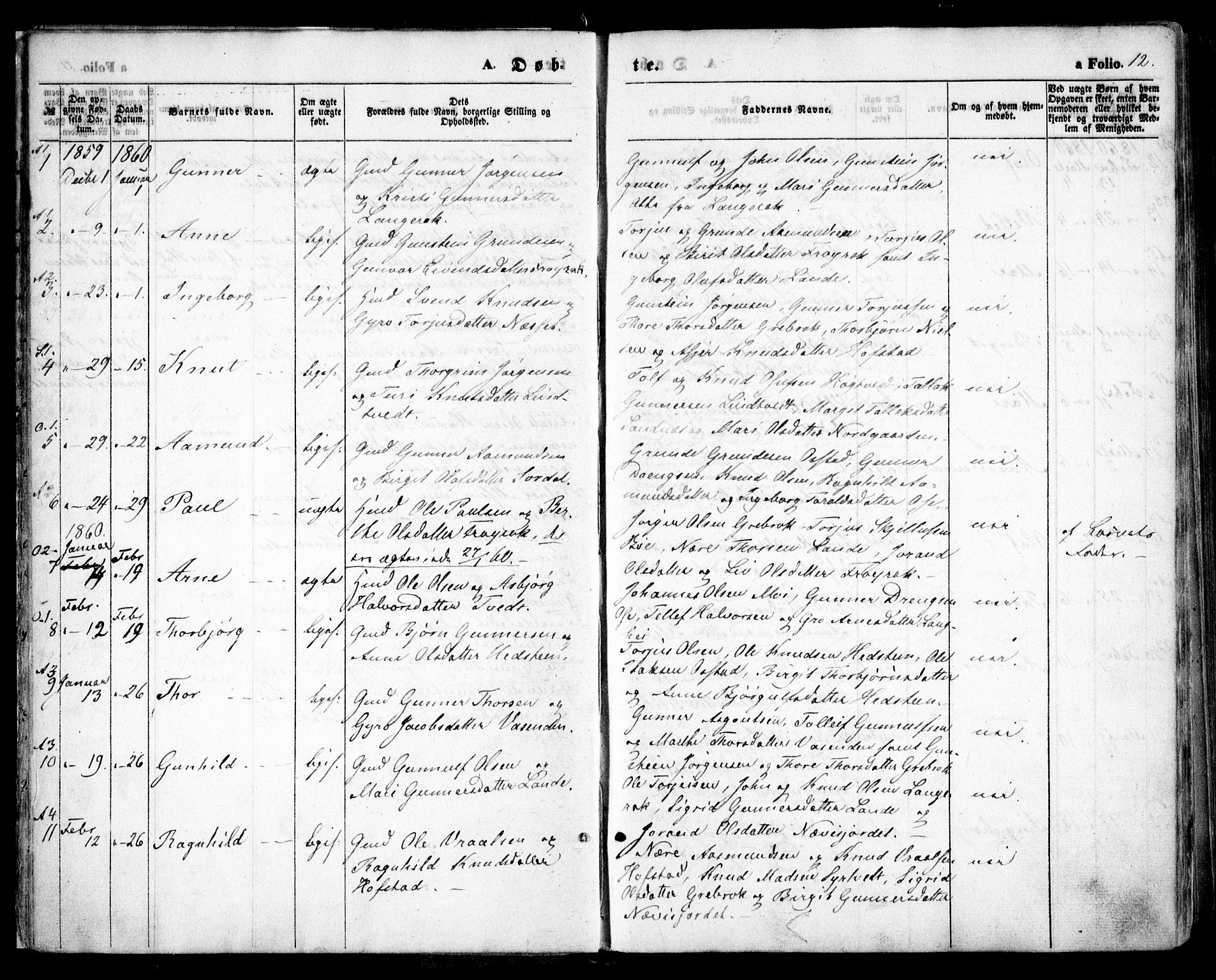 Bygland sokneprestkontor, SAK/1111-0006/F/Fa/Fab/L0005: Parish register (official) no. A 5, 1859-1873, p. 12