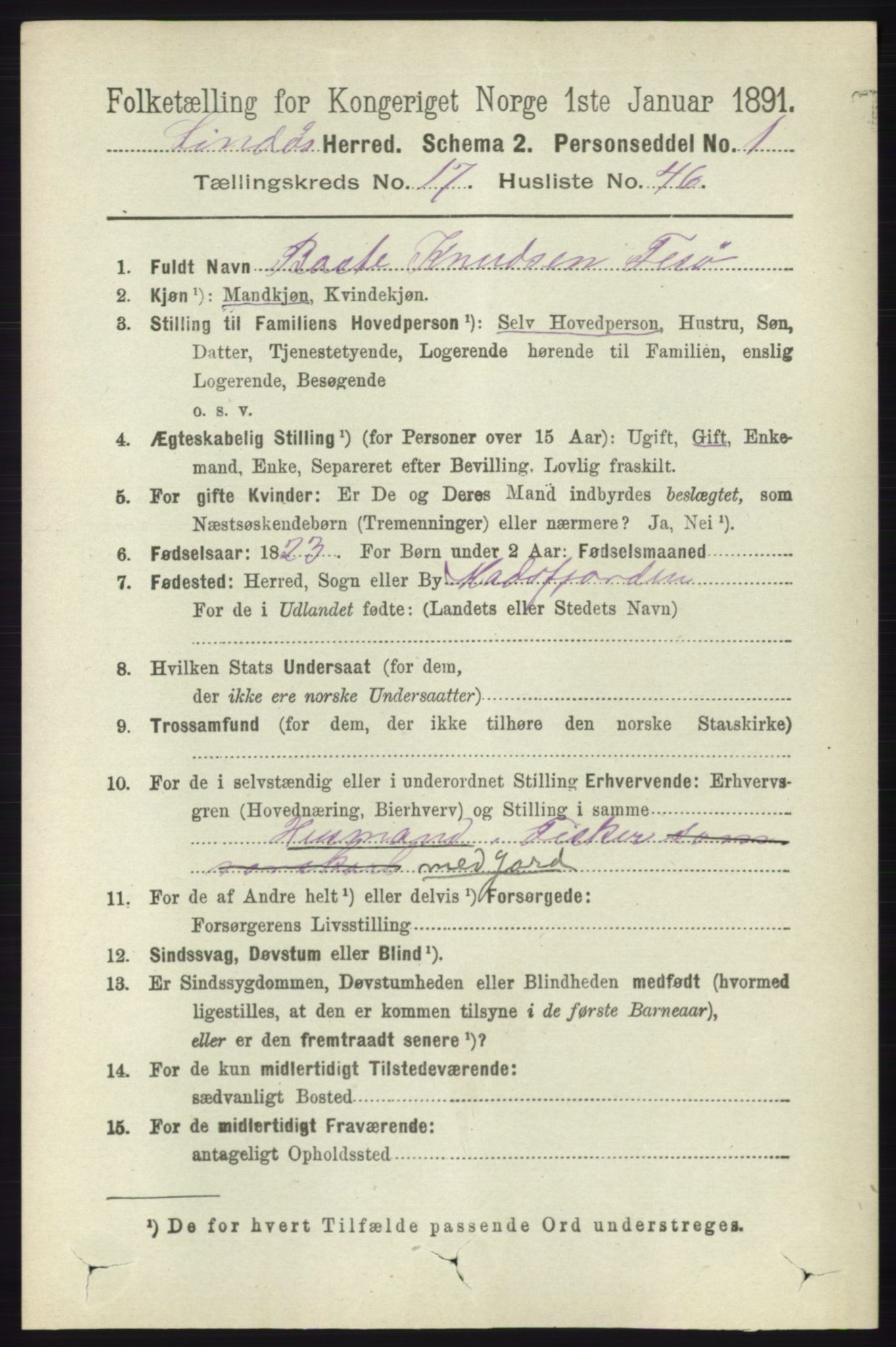 RA, 1891 census for 1263 Lindås, 1891, p. 6448