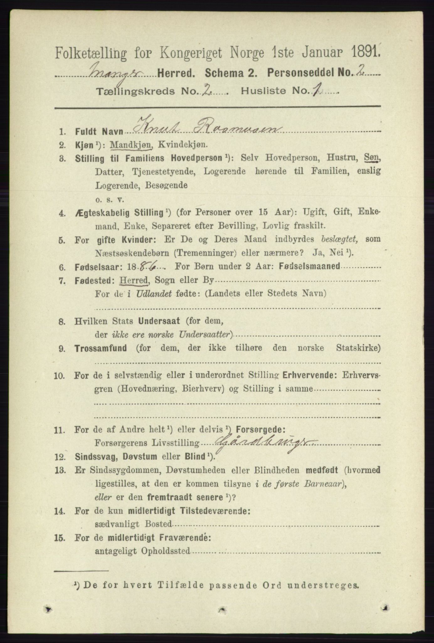 RA, 1891 census for 1261 Manger, 1891, p. 758