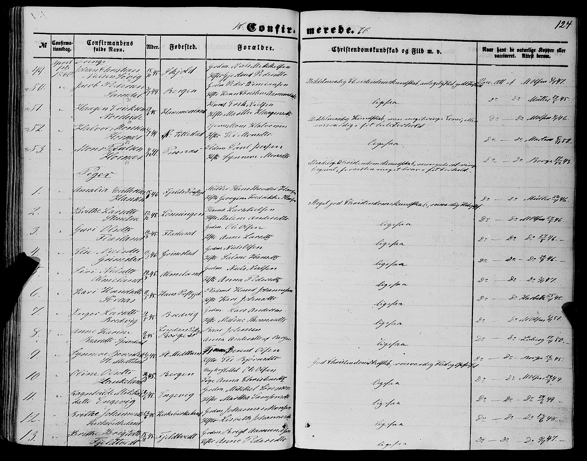 Fana Sokneprestembete, AV/SAB-A-75101/H/Haa/Haaa/L0011: Parish register (official) no. A 11, 1851-1862, p. 124