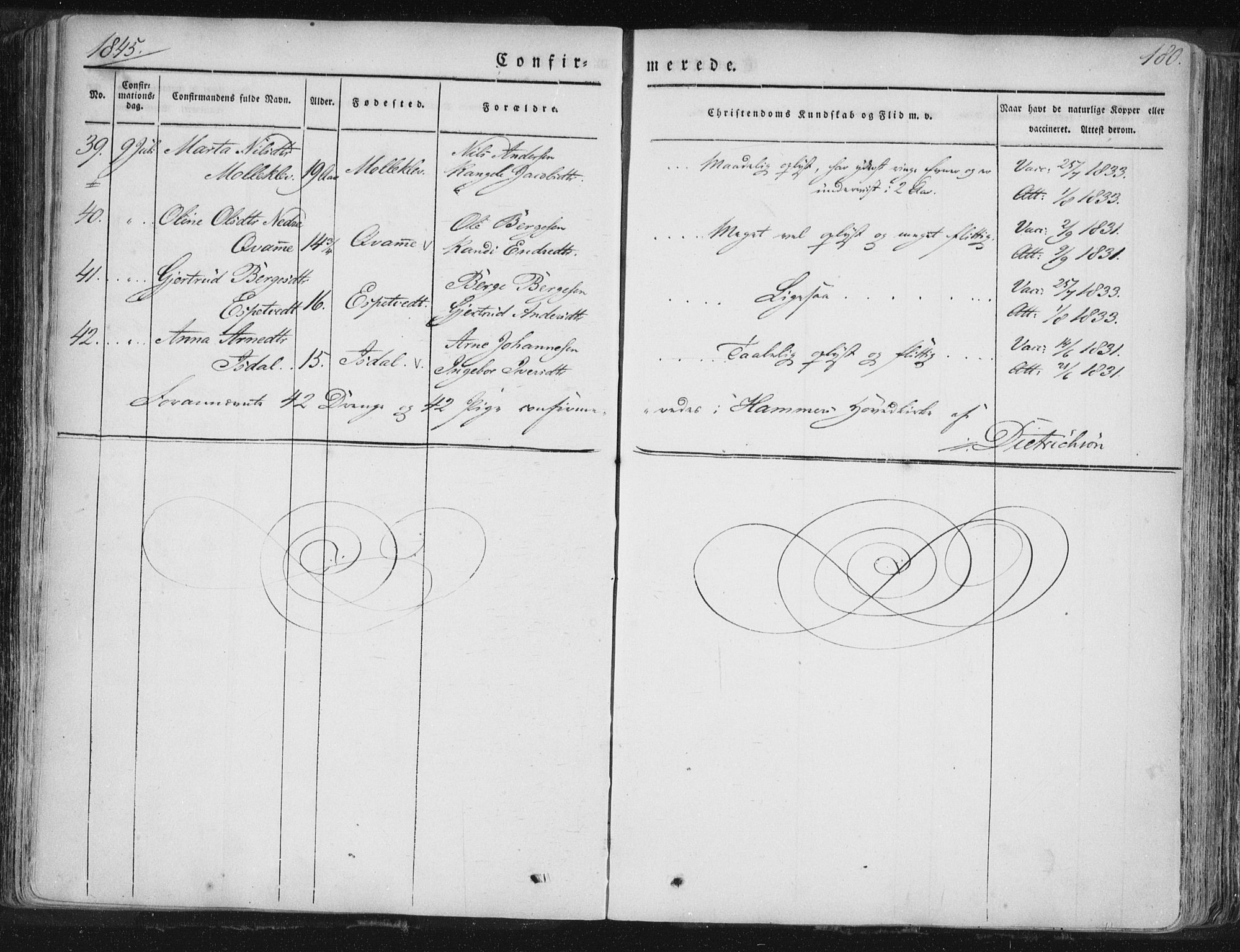 Hamre sokneprestembete, AV/SAB-A-75501/H/Ha/Haa/Haaa/L0012: Parish register (official) no. A 12, 1834-1845, p. 180