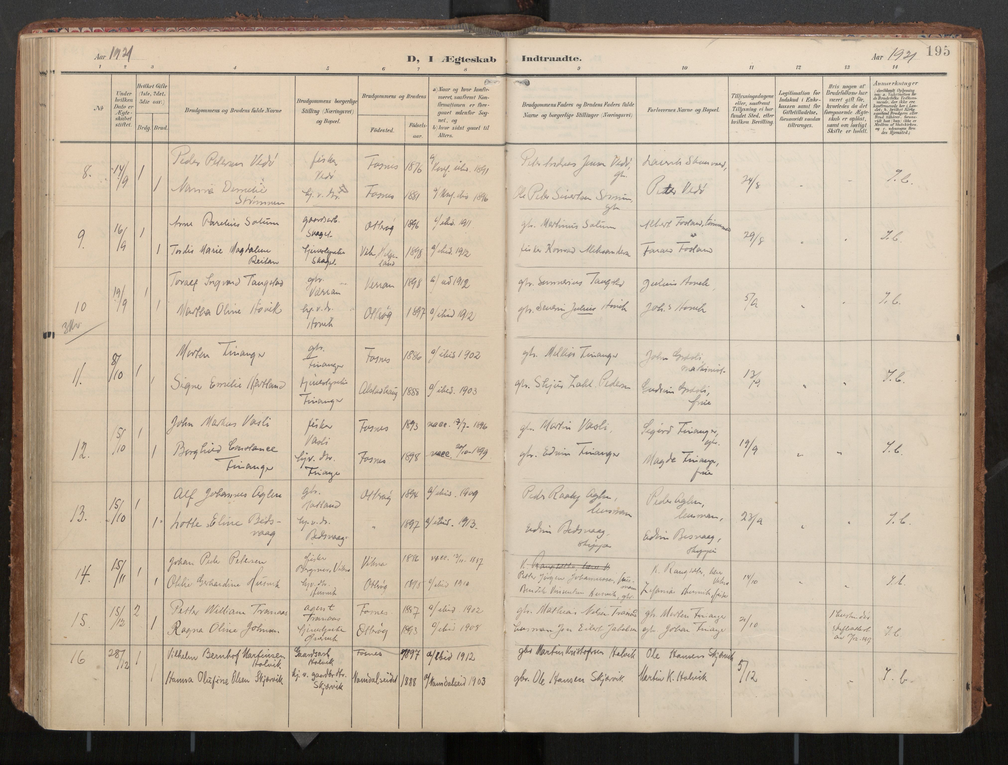 Ministerialprotokoller, klokkerbøker og fødselsregistre - Nord-Trøndelag, AV/SAT-A-1458/774/L0629: Parish register (official), 1904-1926, p. 195