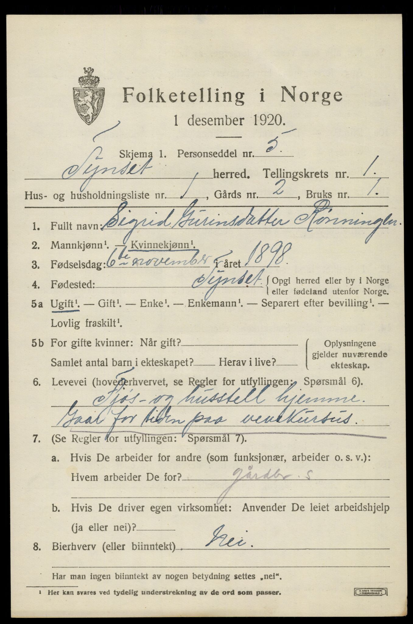 SAH, 1920 census for Tynset, 1920, p. 1544