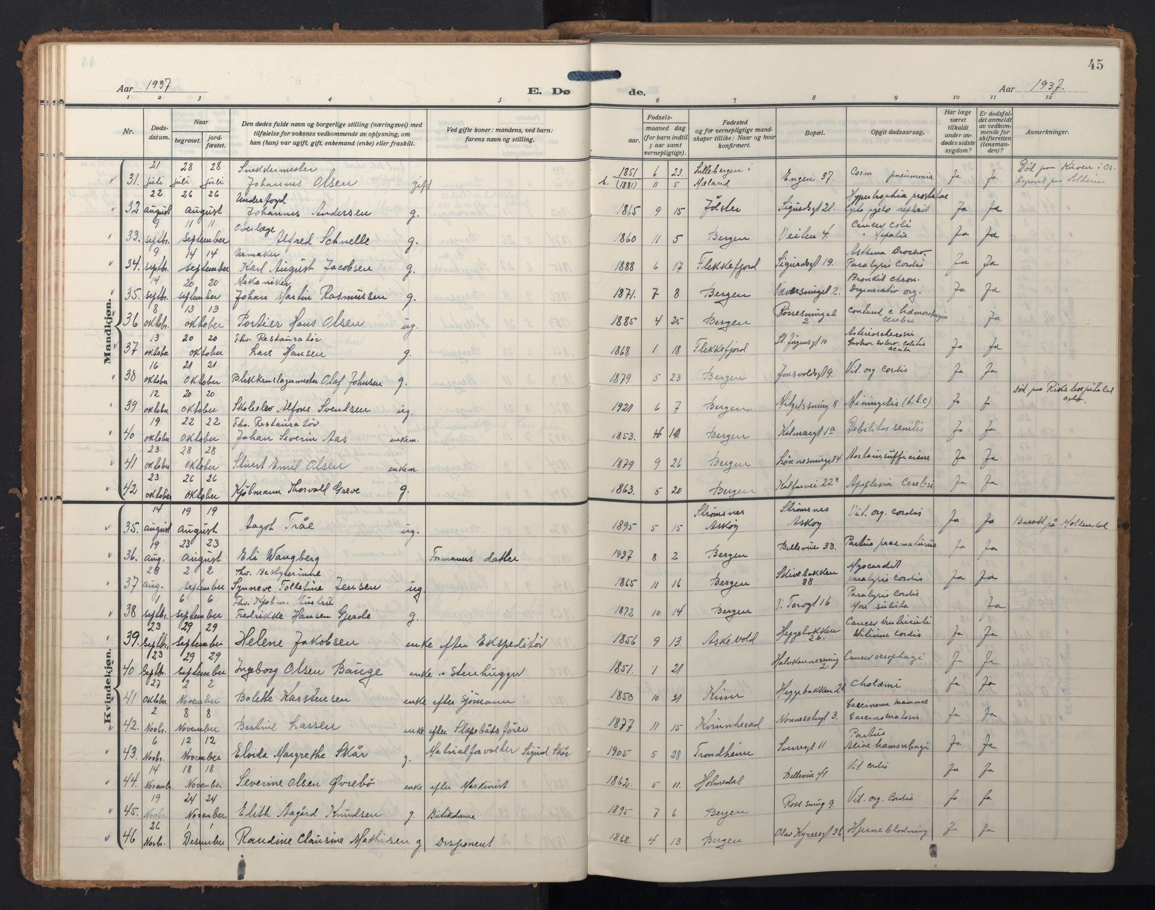 Domkirken sokneprestembete, SAB/A-74801/H/Hab/L0043: Parish register (copy) no. E 7, 1929-1965, p. 44b-45a
