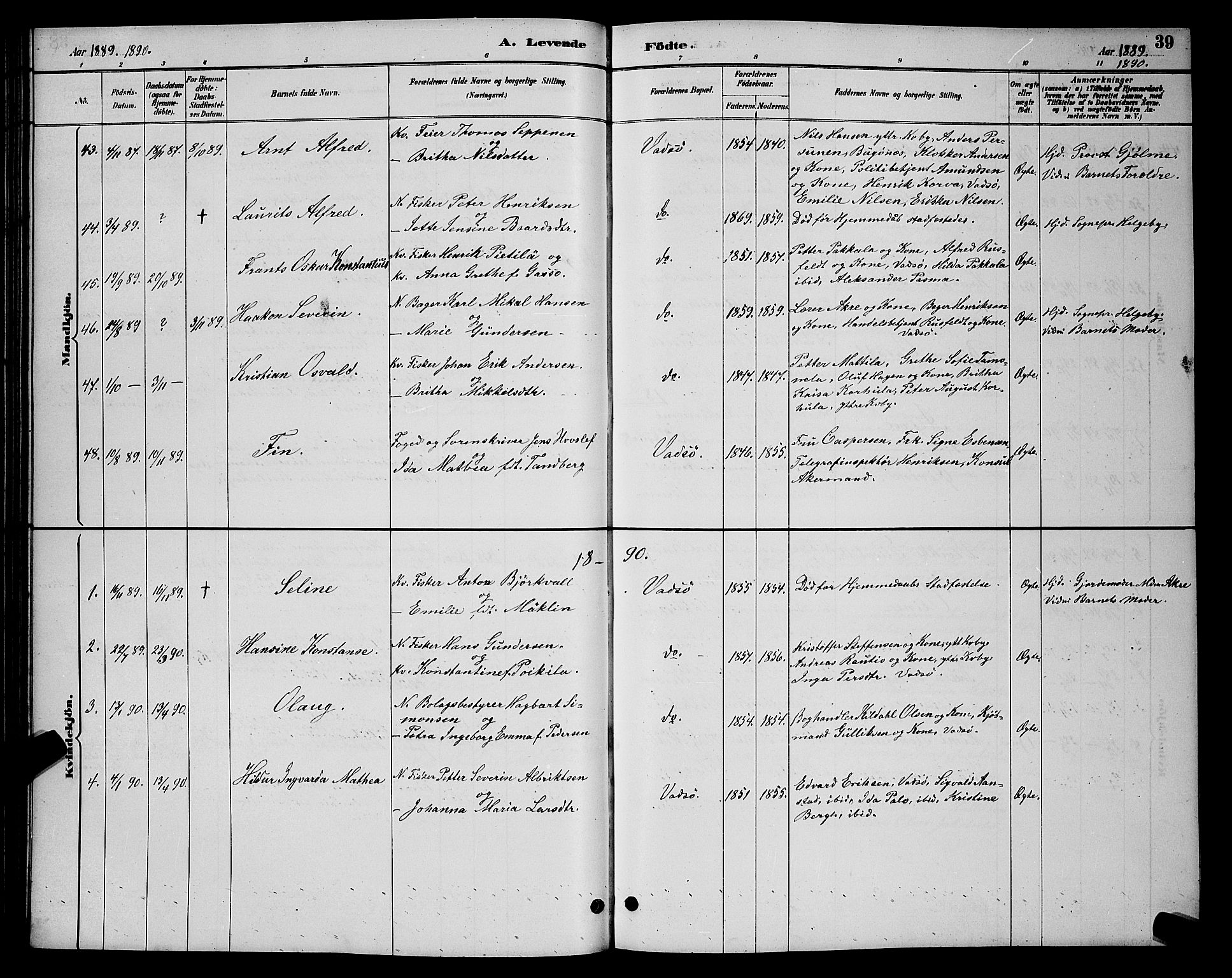 Vadsø sokneprestkontor, SATØ/S-1325/H/Hb/L0004klokker: Parish register (copy) no. 4, 1885-1895, p. 39