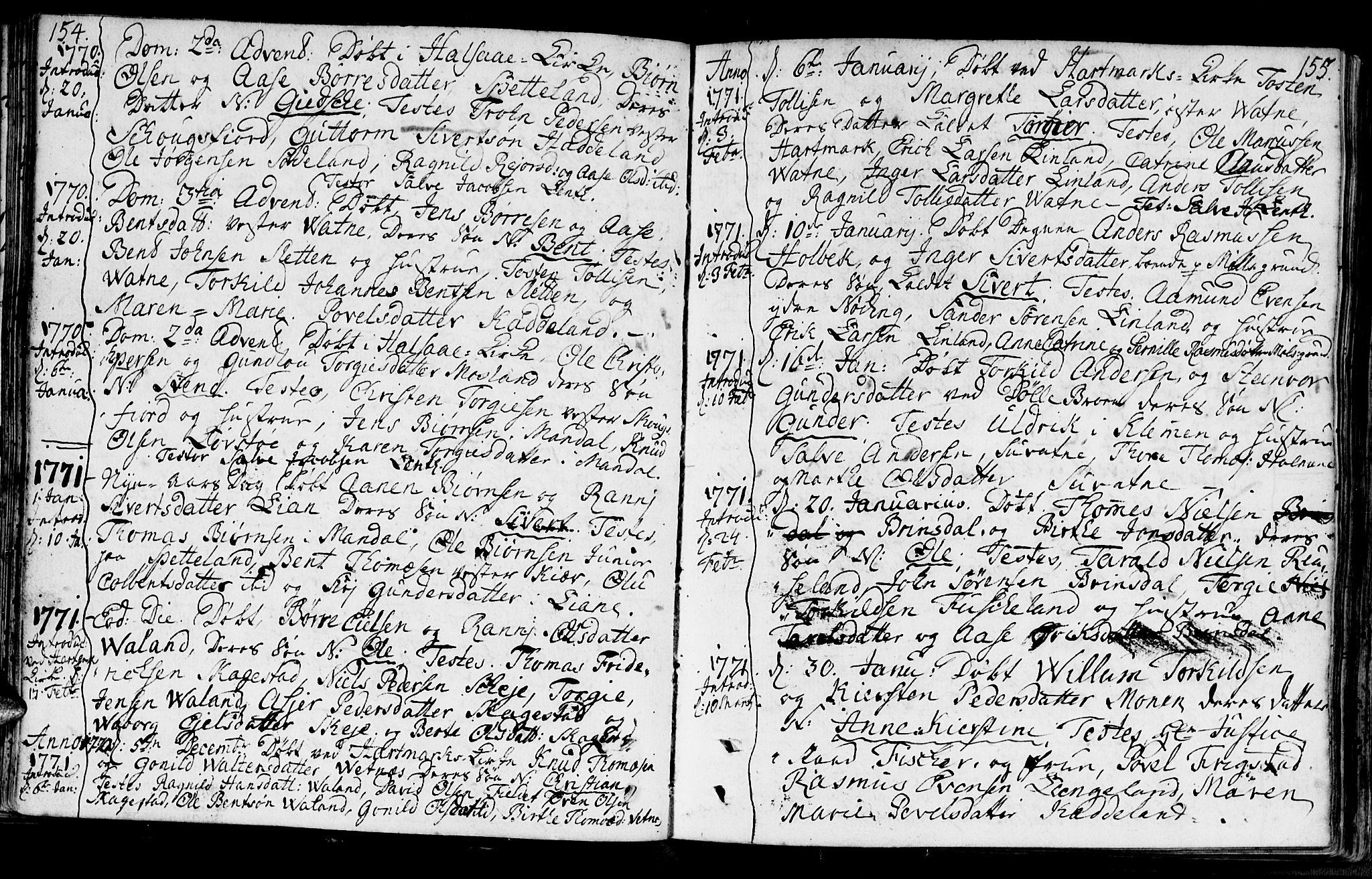 Holum sokneprestkontor, AV/SAK-1111-0022/F/Fa/Faa/L0002: Parish register (official) no. A 2, 1756-1780, p. 154-155