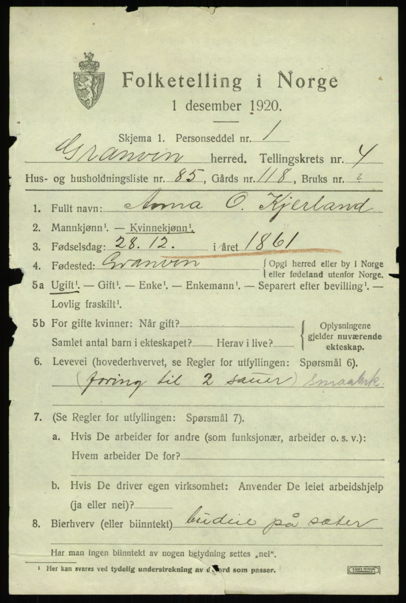 SAB, 1920 census for Granvin, 1920, p. 2354