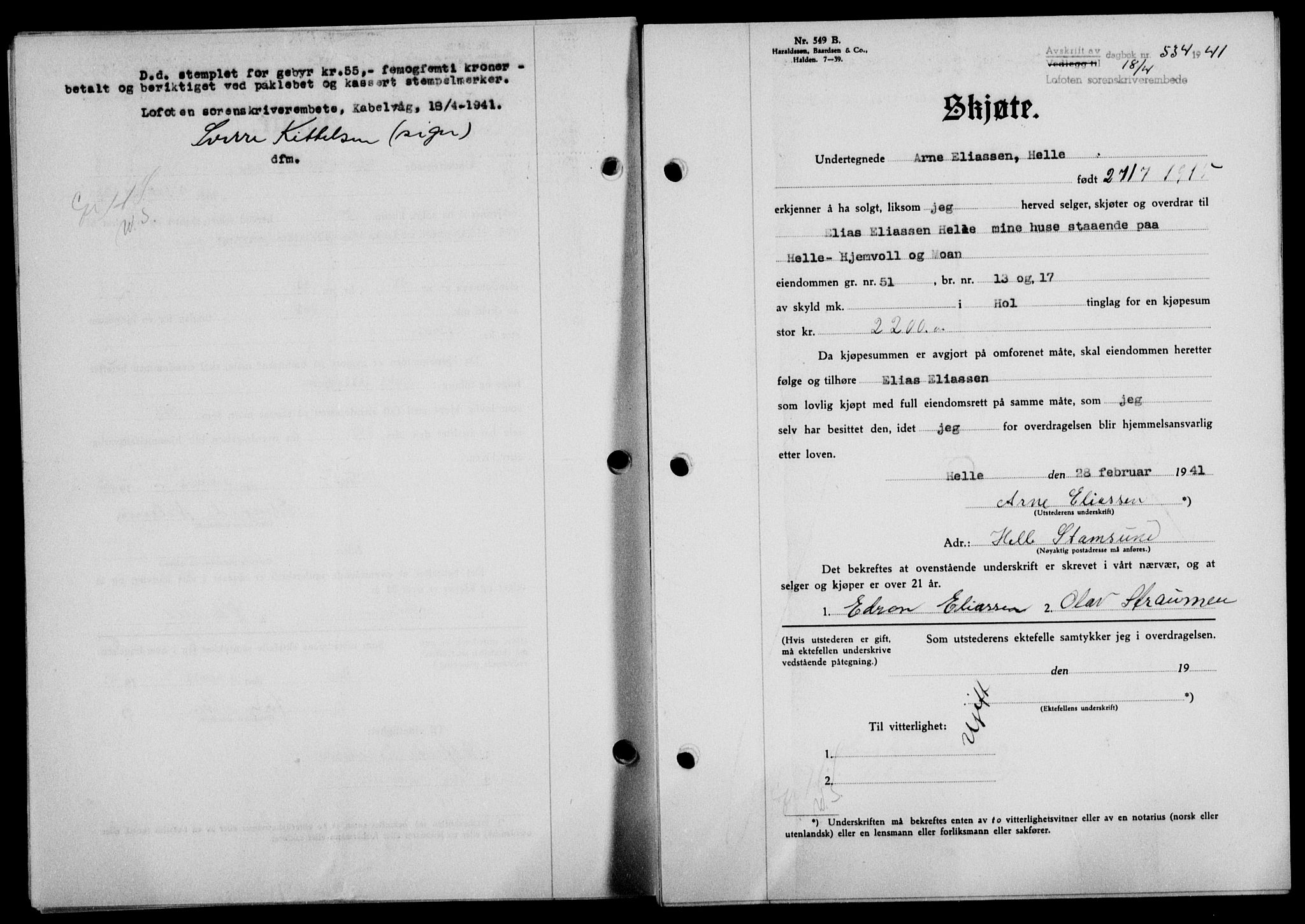 Lofoten sorenskriveri, SAT/A-0017/1/2/2C/L0008a: Mortgage book no. 8a, 1940-1941, Diary no: : 534/1941
