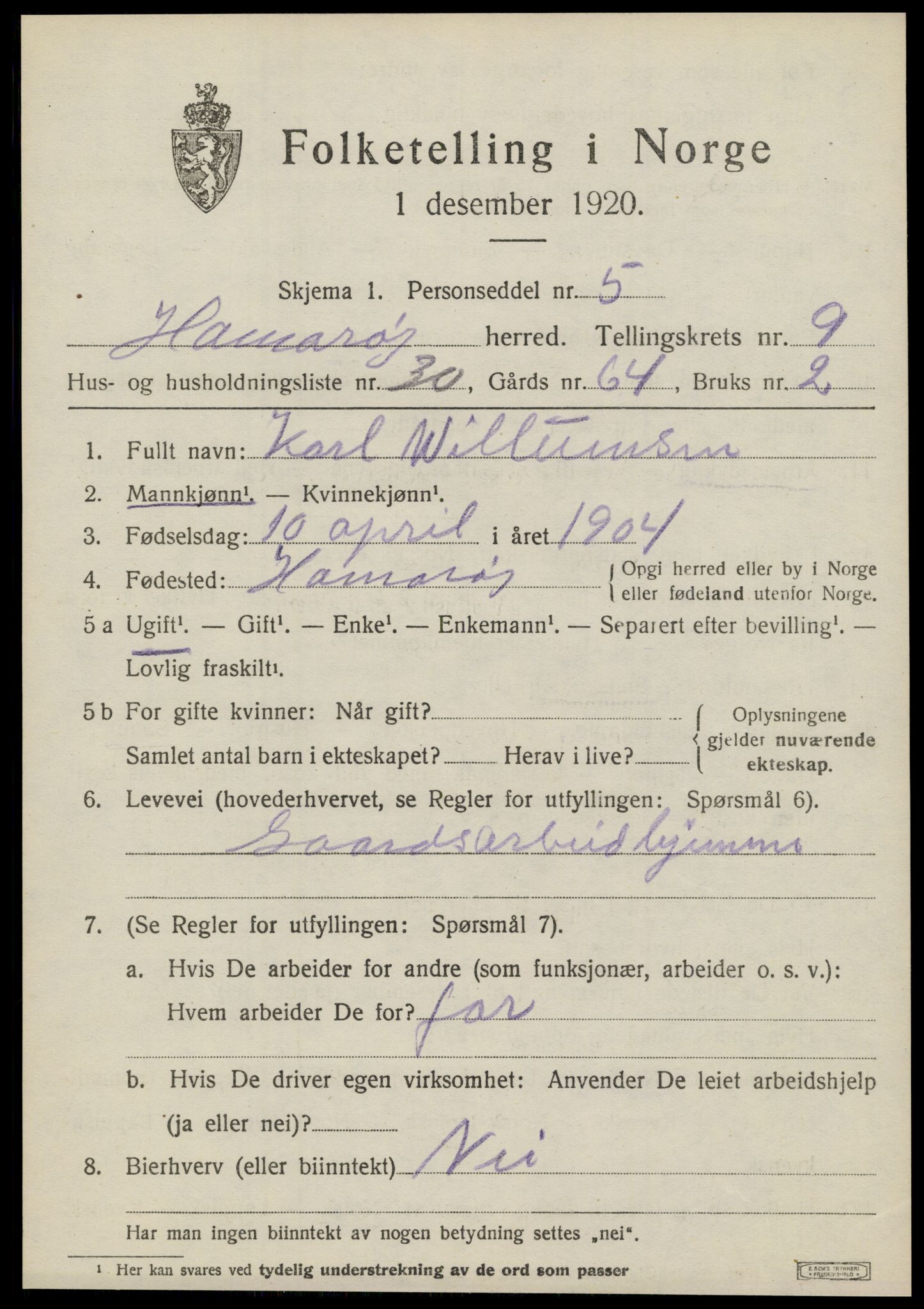 SAT, 1920 census for Hamarøy, 1920, p. 4596