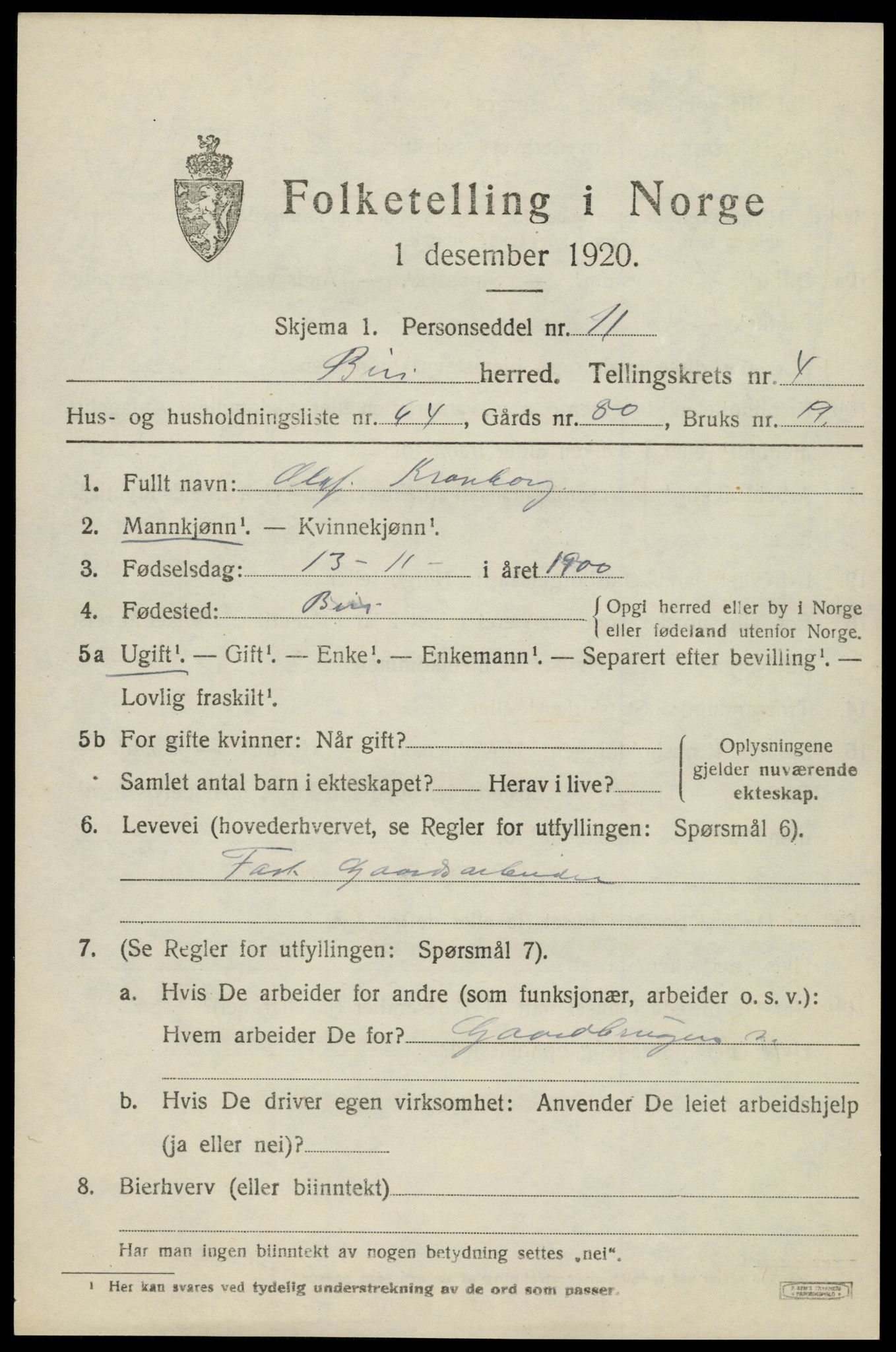 SAH, 1920 census for Biri, 1920, p. 3803