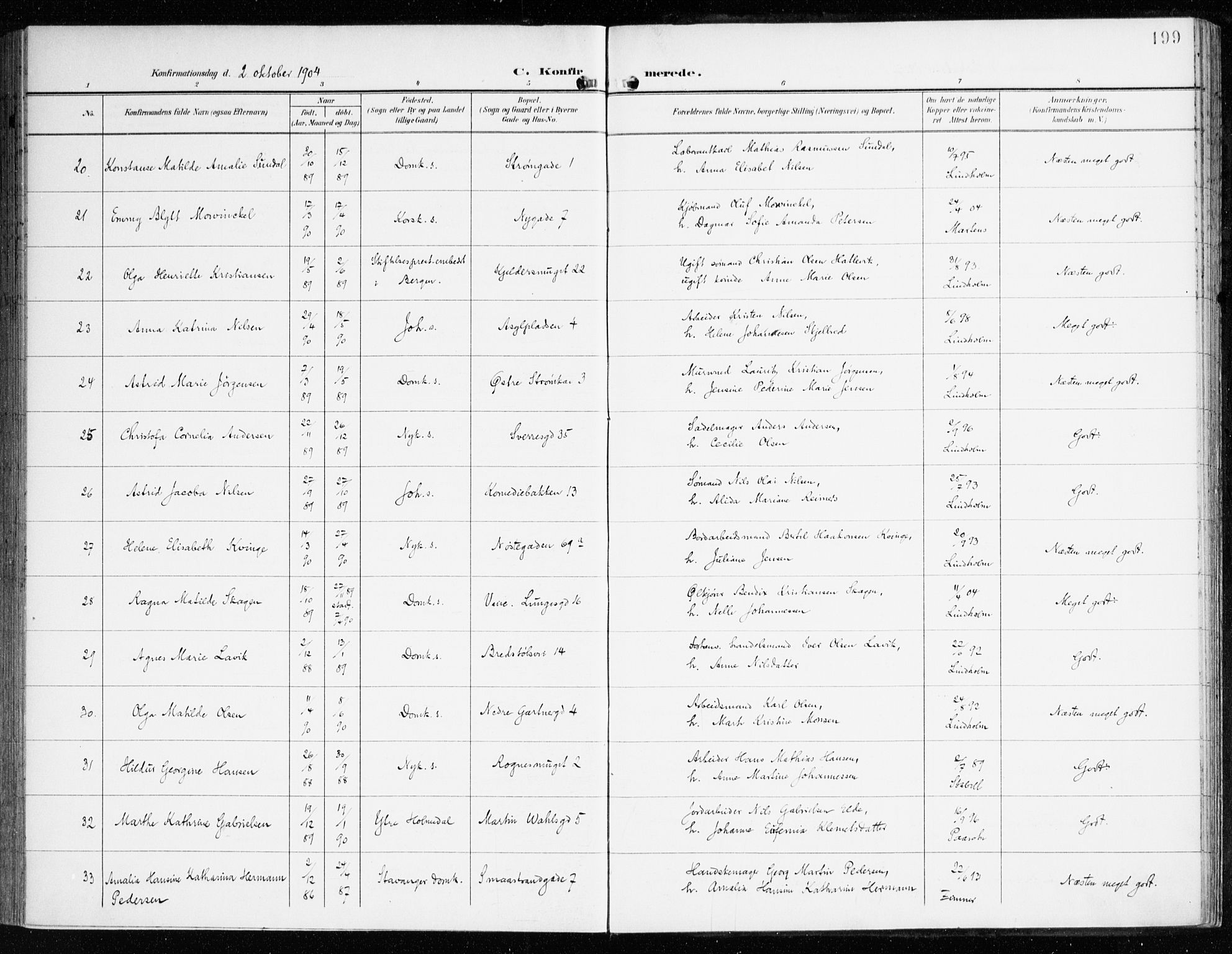 Domkirken sokneprestembete, AV/SAB-A-74801/H/Haa/L0031: Parish register (official) no. C 6, 1898-1915, p. 199