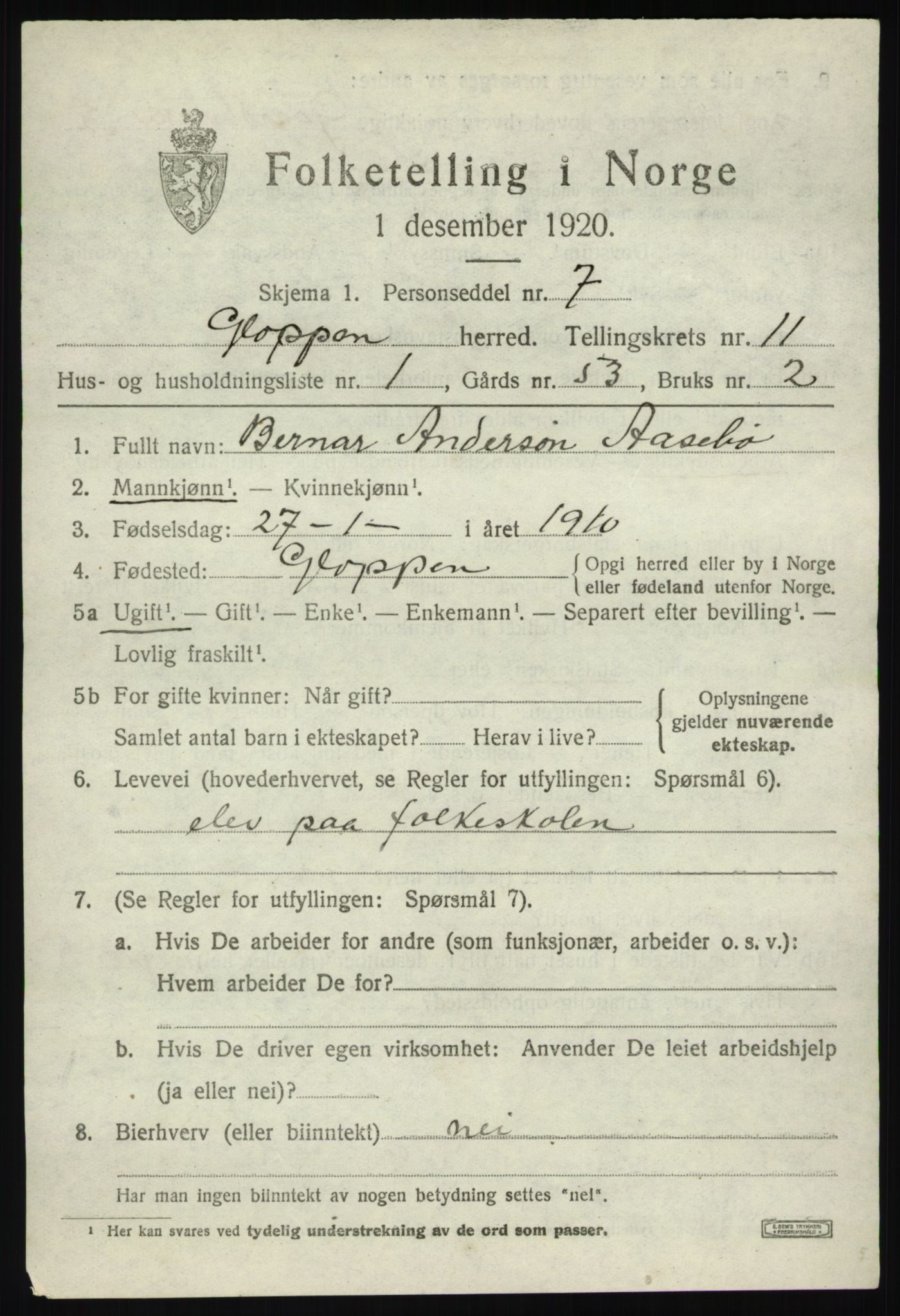 SAB, 1920 census for Gloppen, 1920, p. 5486