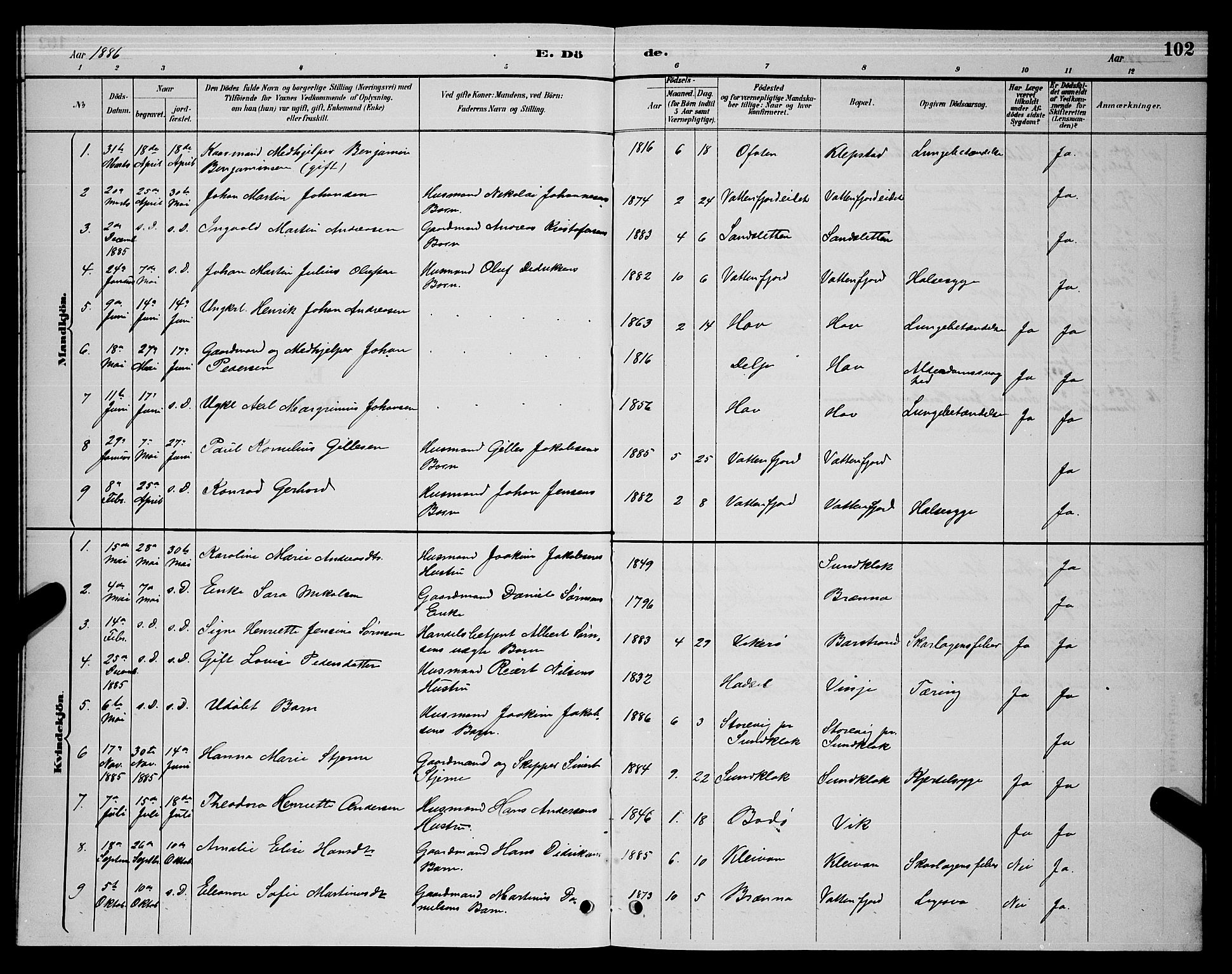 Ministerialprotokoller, klokkerbøker og fødselsregistre - Nordland, SAT/A-1459/876/L1104: Parish register (copy) no. 876C03, 1886-1896, p. 102