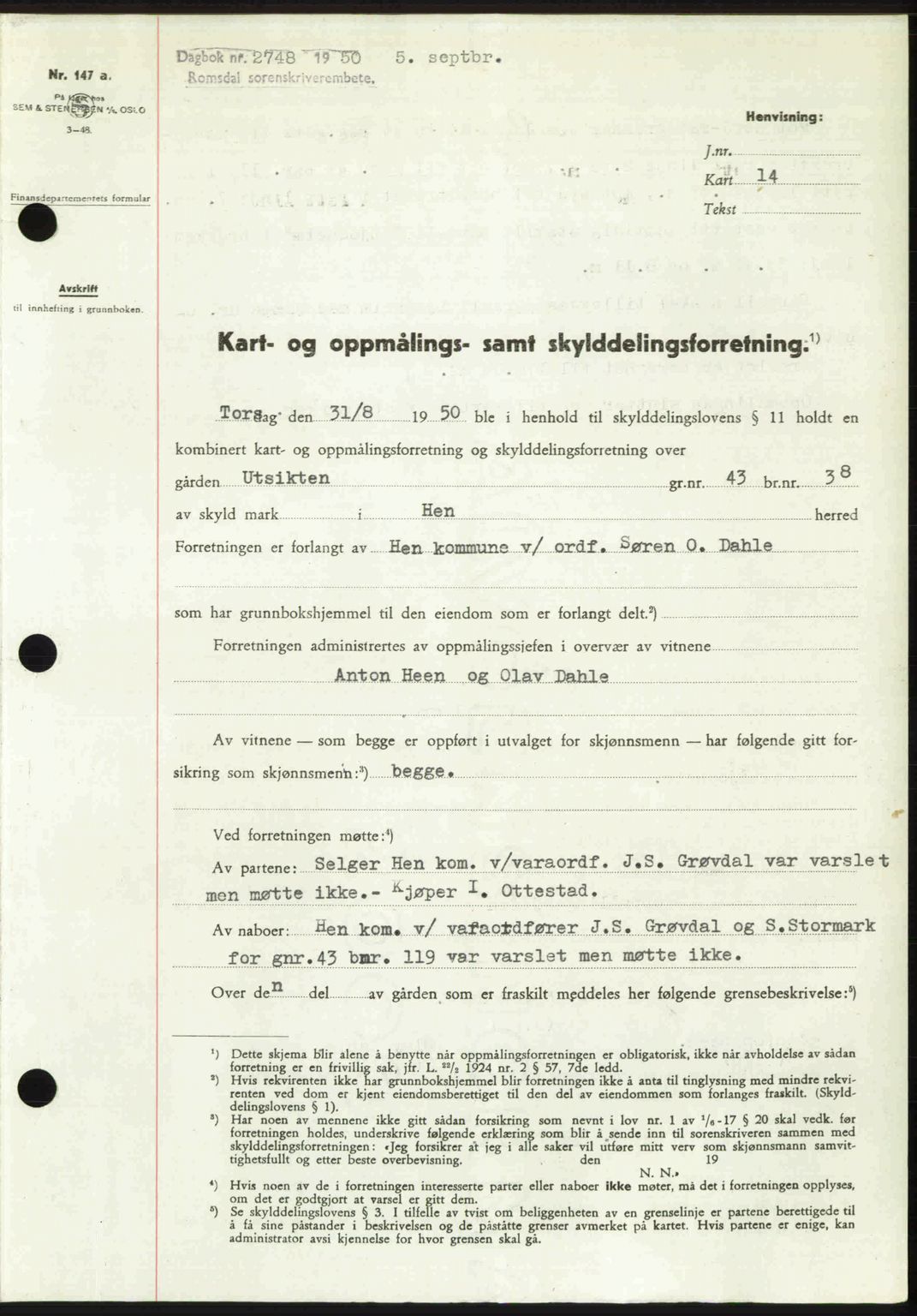 Romsdal sorenskriveri, AV/SAT-A-4149/1/2/2C: Mortgage book no. A34, 1950-1950, Diary no: : 2748/1950