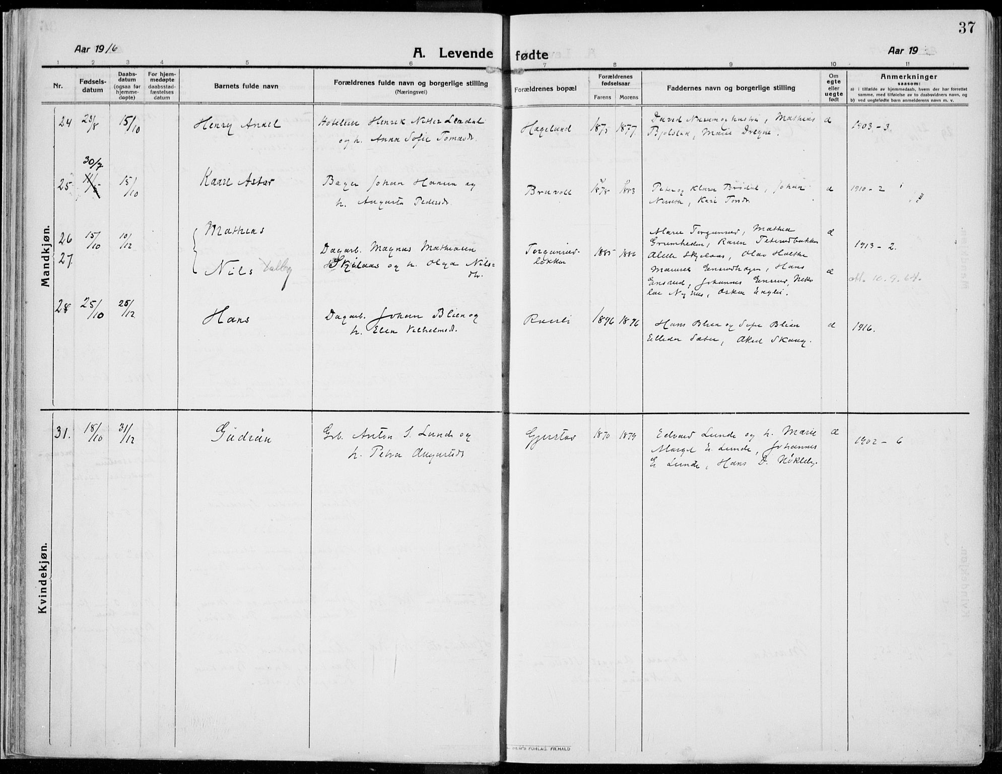Kolbu prestekontor, SAH/PREST-110/H/Ha/Haa/L0002: Parish register (official) no. 2, 1912-1926, p. 37