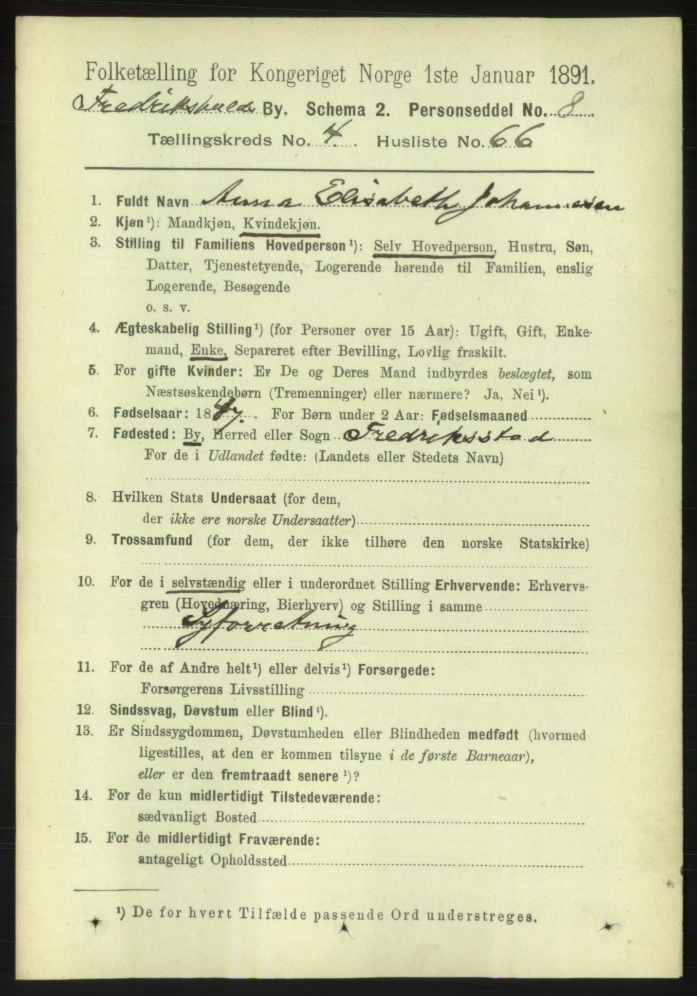 RA, 1891 census for 0101 Fredrikshald, 1891, p. 3986